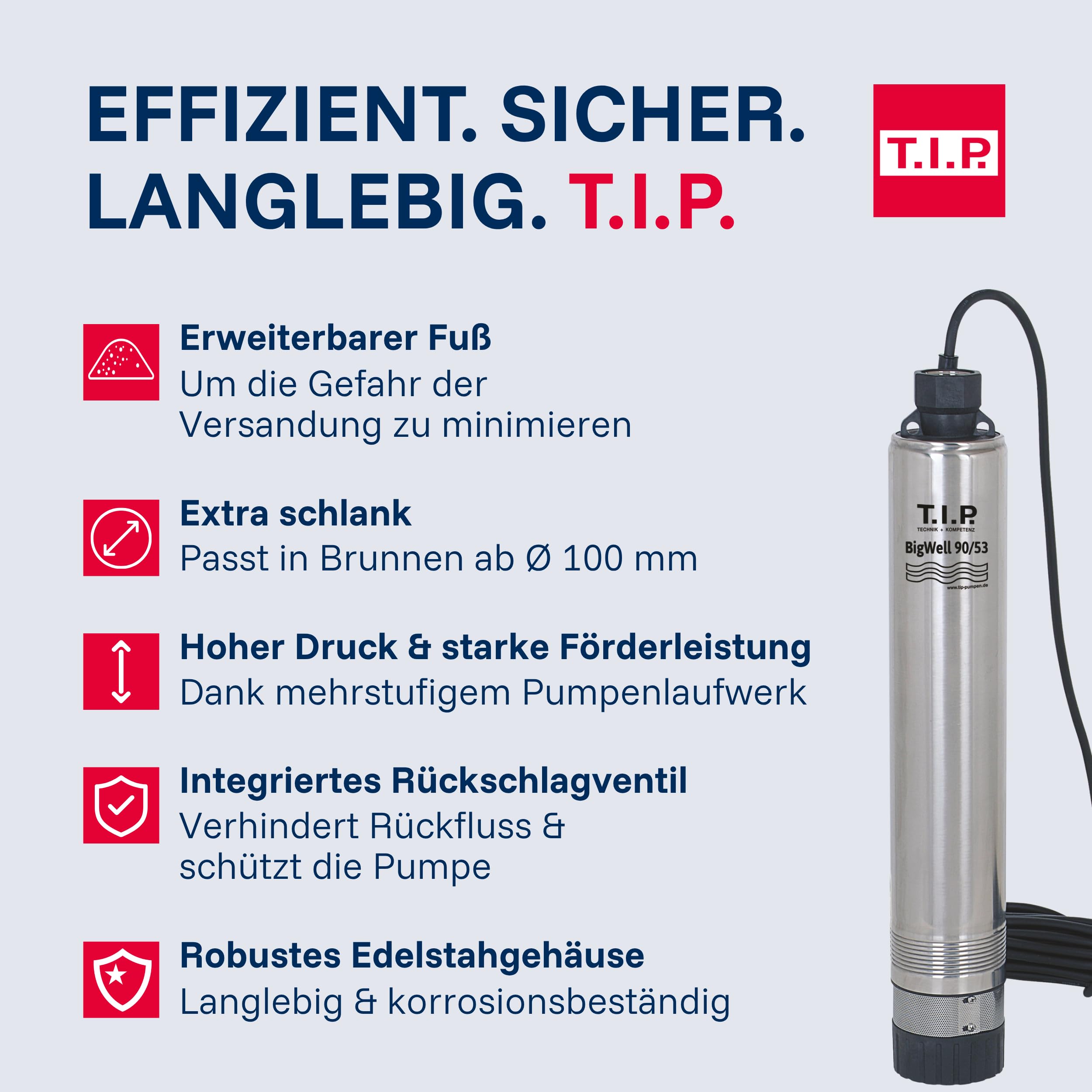 T.I.P. Brunnenpumpe - Tiefbrunnenpumpe Edelstahl (5.400l/h Fördermenge, 53m Förderhöhe, 5,3 bar Druck, sandresistent durch erweiterbaren Fuß, ab Brunnen Ø10cm, 20m Eintauchtiefe) BigWell 90-53, 30083