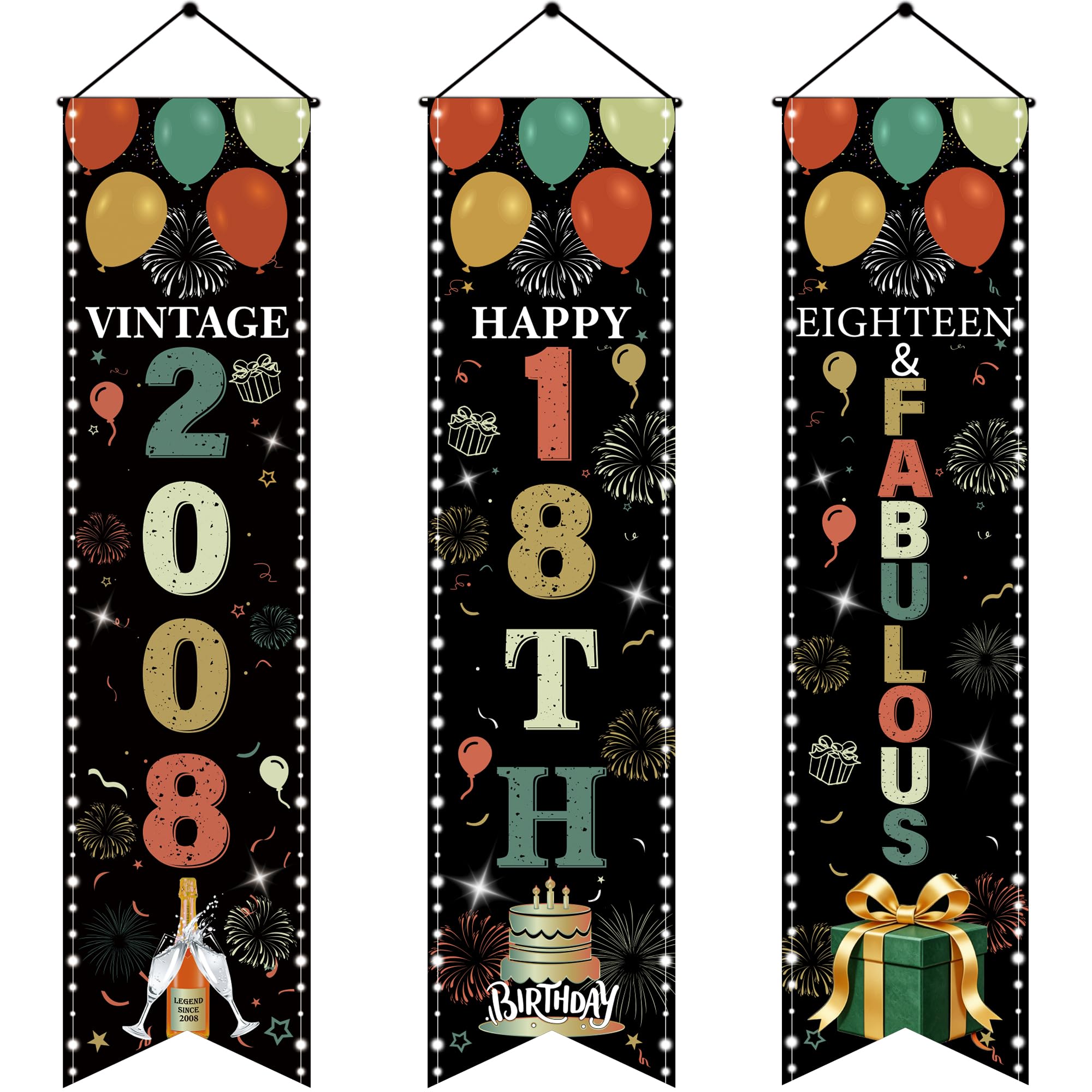 18th Birthday Decorations Door Banner - 3 PC Retro Green Vintage 2008 Banners for Cheers to 18 Years Since 2008 Sign for Photo Booth Backdrop Wall Hanging Porch Decor, 120 × 30 cm