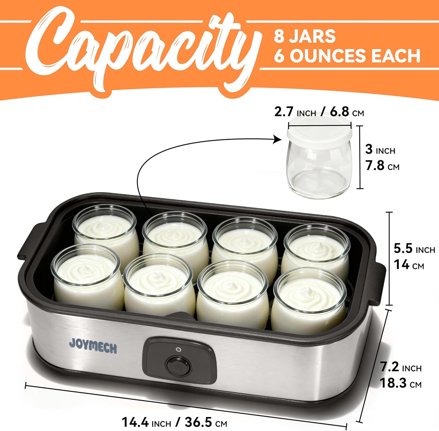 JoyMech Yogurt Maker Machine, 8 Glass Jars with Lids Reusable for Yoghurt, Oatmeal, Pudding, or Jello, Food-Grade Martial, One-touch Control, Homemade Yogurt