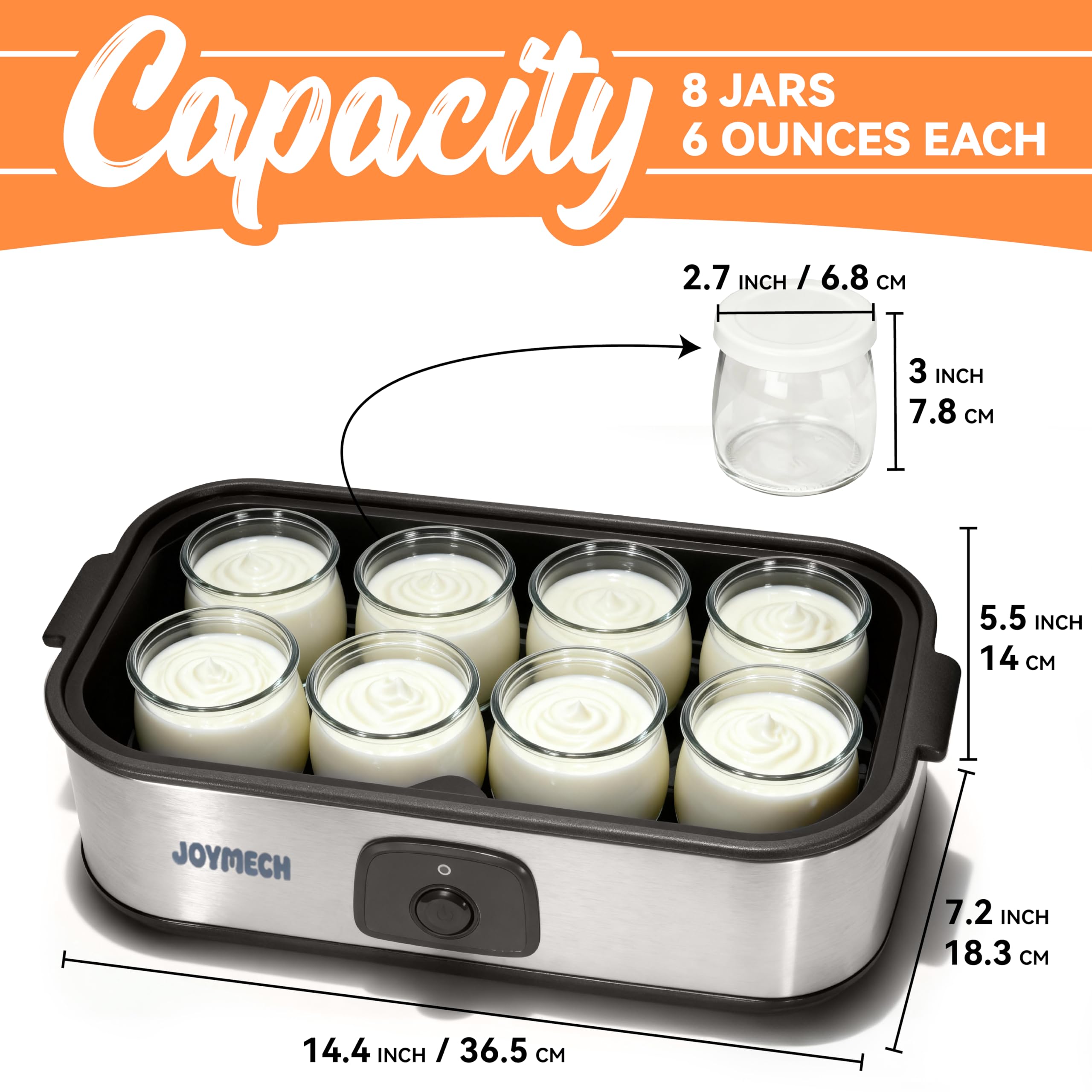 JoyMech Máquina para hacer yogurt, 8 tarros de vidrio con tapas reutilizables para yogur, avena, pudín o gelatina, marcial de grado alimenticio, control de un solo toque, yogur casero