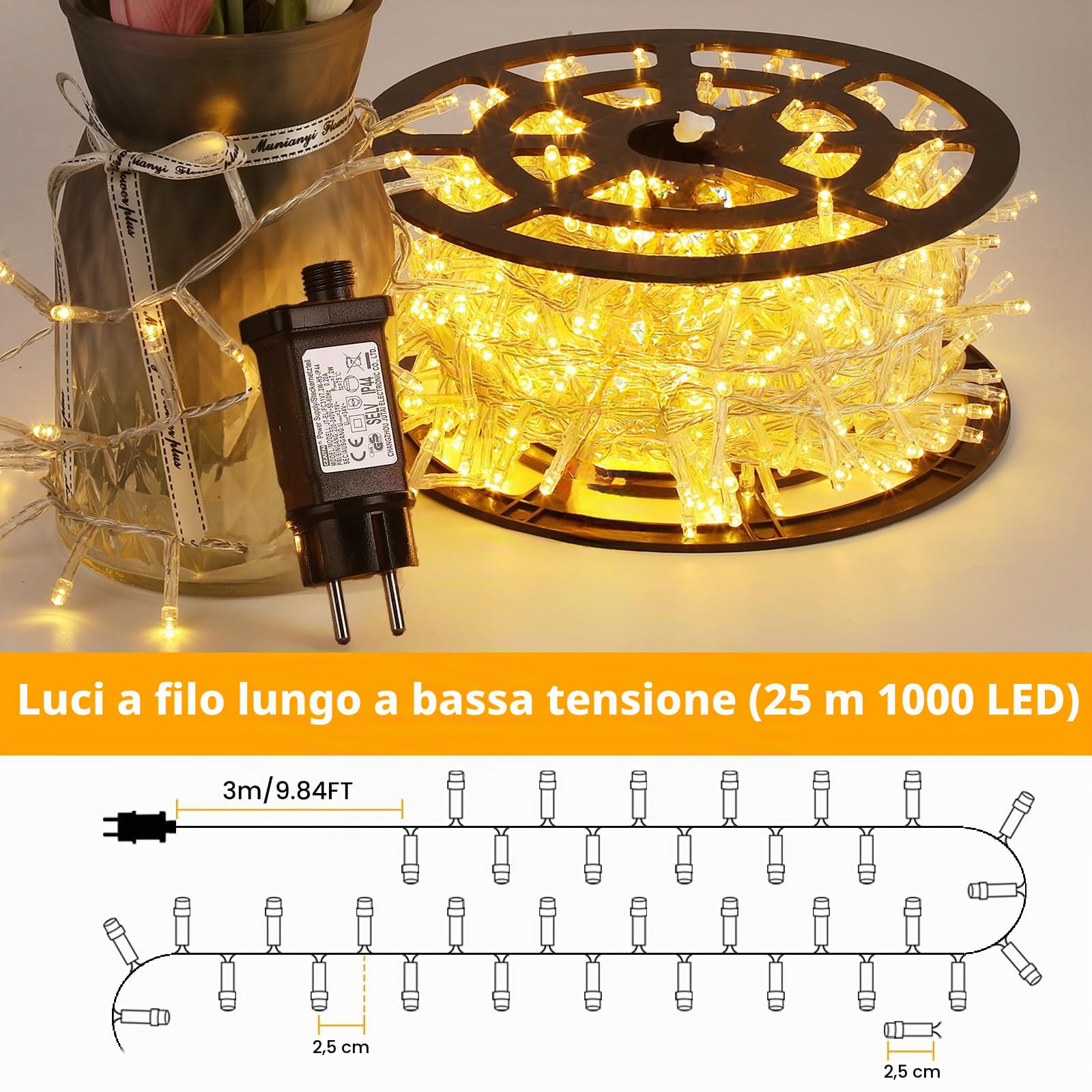 Elegear Luci Natale Esterno 25 Metri, Luci Albero di Natale 1000 Led 8 Modalità Luce Catena Luminosa Impermeabile Filo Luce Esterno per Camere da Letto Giardino Feste Matrimonio, Bianco Caldo