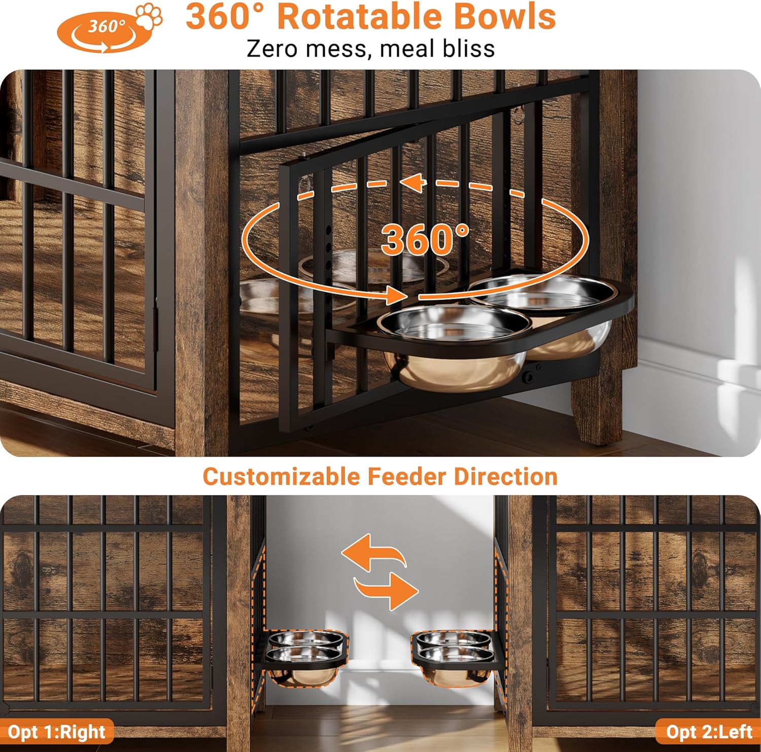 YaFiti 37.7" Dog Crate Furniture, Wooden Dog Kennel Indoor with 360° Rotating Feeder and 2 Adjustable Bowls, Decorative Side End Table Dog Cage for Medium Dogs, Rustic Brown