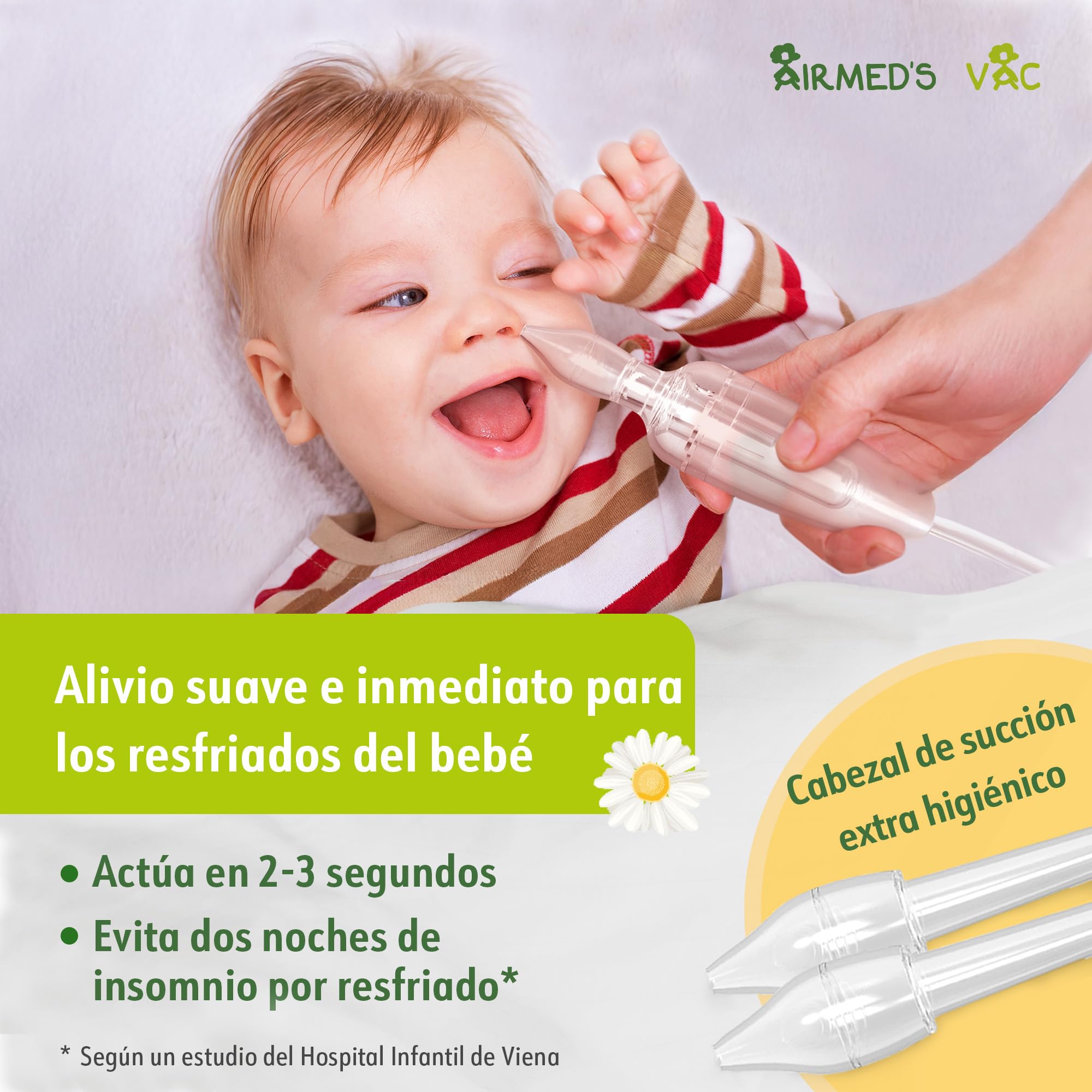 Airmed's Vac Aspirador nasal bebés. Clínicamente probado, seguro y suave | Nariz despejada en 3 segundos. Con 2 cabezales de succión y cepillo de limpieza incluido. Apto para todas las aspiradoras