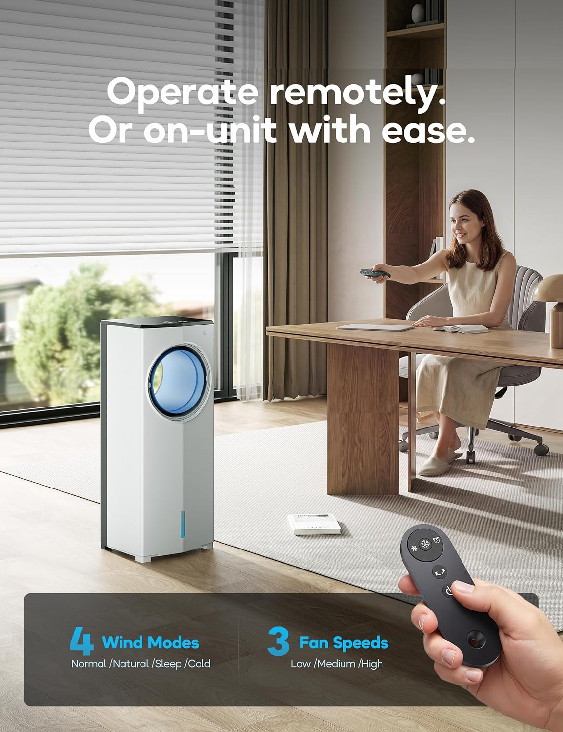 FLOWBREEZE Windowless Portable Air Conditioner, 26" Small Evaporative Air Cooler for Room No Window, 3-Speed Settings, 4 Modes, 7H Timer, Remote Control, 4 Ice Packs, Quiet AC Unit for Bedroom, Black