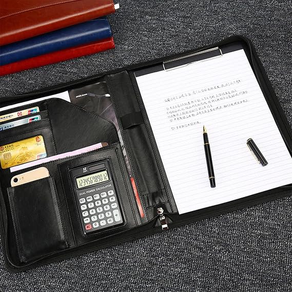 Personalized Zippered Padfolio with Custom Logo/Text/Photo - Leather Planner Binder and Portfolio Folder for Documents - A4/Letter Size with Business Card Holder for Men & Women (Black)