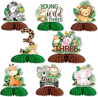 Young Wild and Three Birthday Decorations - 8pcs Jungle 3rd Birthday Honeycomb Centerpieces, Double-Sided Safari Animals Birthday Table Centerpieces, Jungle Theme 3rd Birthday Decorations