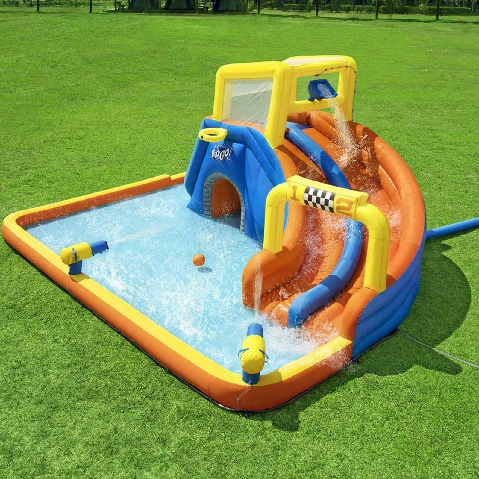 Tobogán de agua grande con toboganes de agua para patio trasero, con piscina, juguetes al aire última intervensión y escalada en roca, incluye secador de pelo, estacas y bolsas de almacenamiento