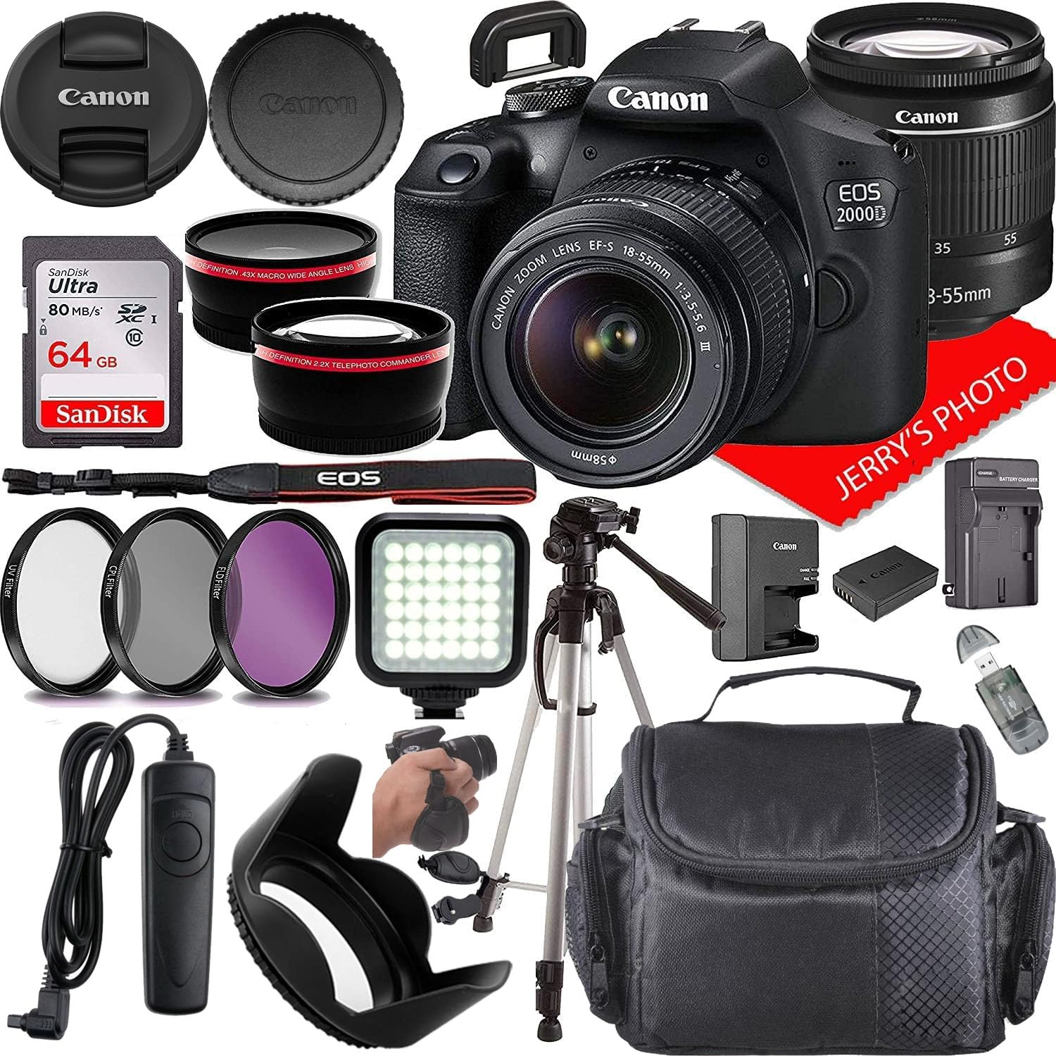 Canon EOS 2000D (Rebel T7) DSLR Camera w/Canon EF-S 18-55mm F/3.5-5.6 DC III Zoom Lens + Case + 64GB Memory (22pc Bundle) (Renewed)