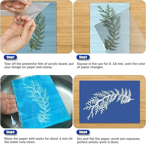 Vista 14 de Kit de papel de impresión solar, papel cianotipo, 24 hojas de papel de cianotipo con 1 hoja de panel acrílico, alta sensibilidad al sol Blanco-24