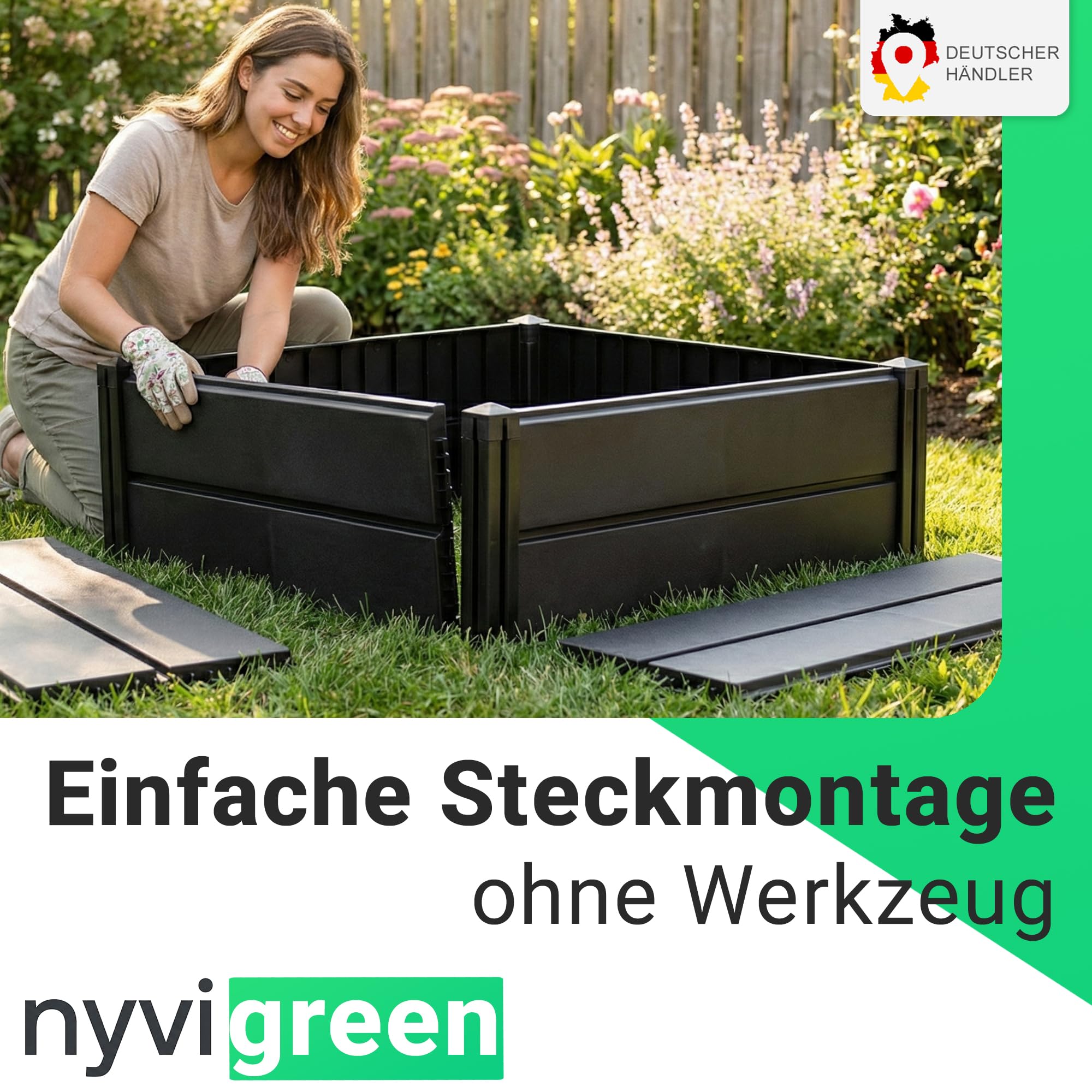 NYVI Hochbeet NYVIGreen M 82x82x61cm 336 Liter - Kunststoff Kräuterbeet für Garten, Terrasse, Balkon - Wetterfest, UV-resistent, Rostfrei, Langlebig - Einfache Steckmontage & Erweiterbarkeit