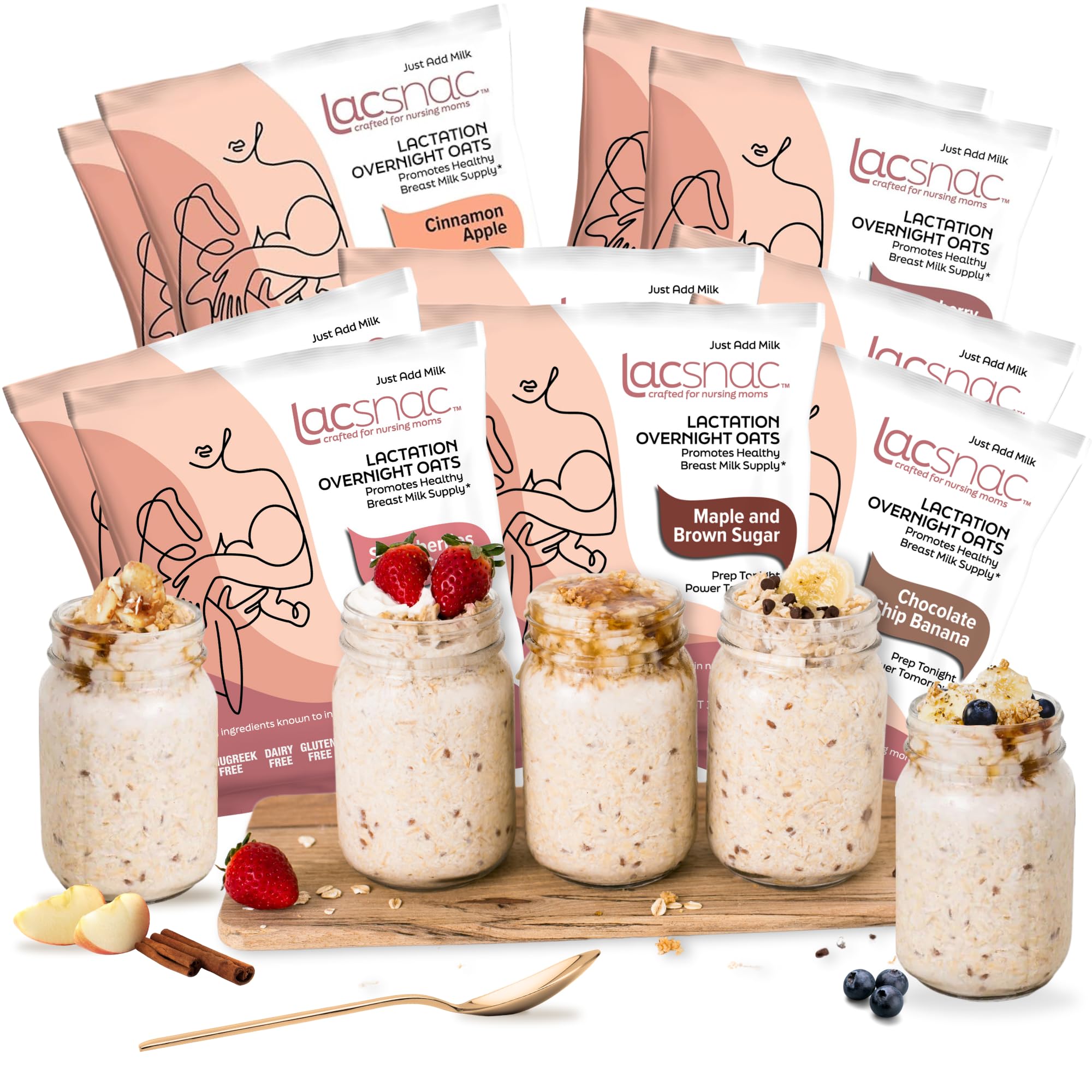 LACSNACVariety Pack Lactation Overnight Oats (10 Count) - Lactation Supplement for Nursing Moms made with Whole Grain Oats, Flax Seeds, and Brewer’s Yeast, Promotes Lactation & Healthy Breast Milk Supply, GMO-free, Vegan, Gluten-free