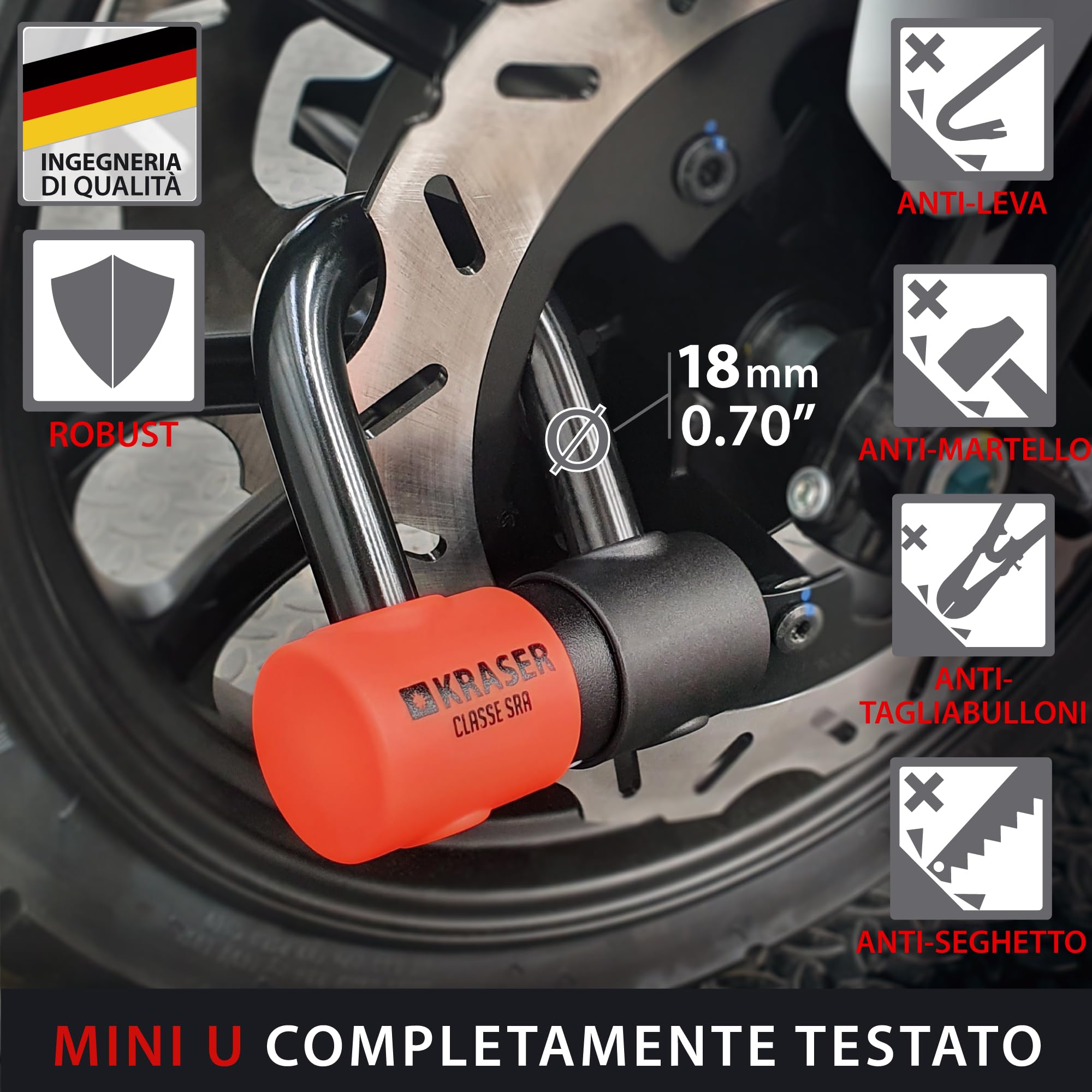 KRASER KR50100 Catena Moto Antifurto Blocco Disco Omologato SRA Set Mini U Solid Ø18, Incatenato 100 cm Ø13.5 Anelli, Multifunzione Alta Sicurezza Motociclo Motorino