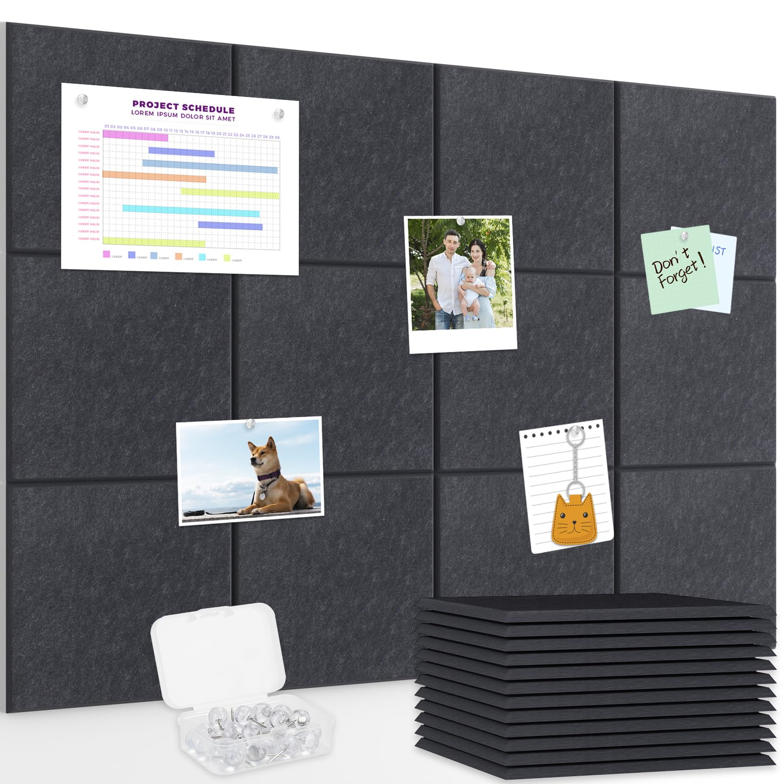 Smarpau Large Cork Board Alternative, 12 Pack Felt Wall Panels for Office 120x90cm Cork Notice Boards Tiles Slat Wall Paneling Pin Tack Kit, Deep Grey