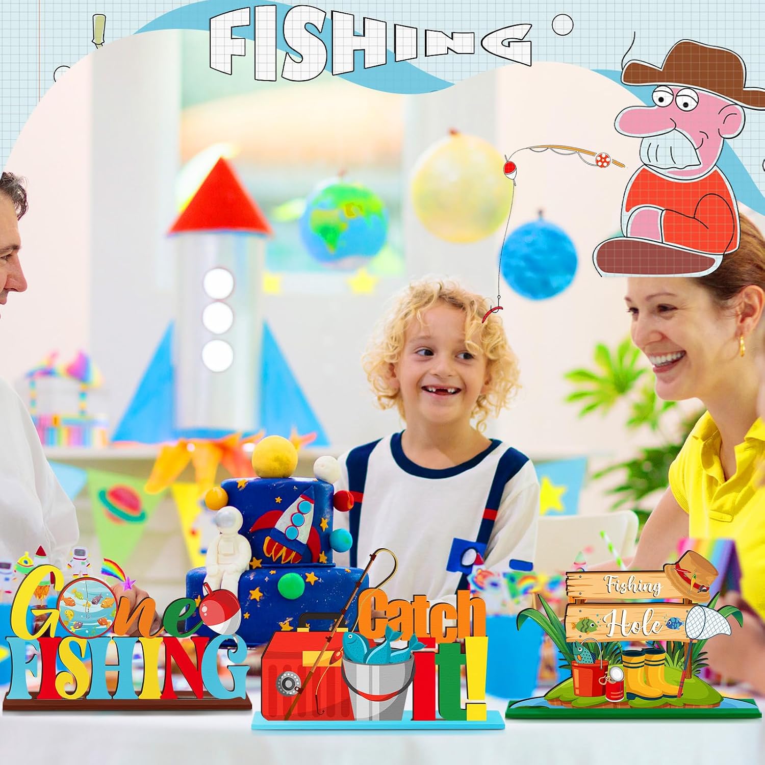 Moucuny 6 Pcs Gone Fishing Table Decorations Summer 3D Sign Table Decor Wooden Fishing Theme Centerpieces Detachable Topper Tiered Tray Decor for Summer Fisherman Birthday Party Supplies image 5