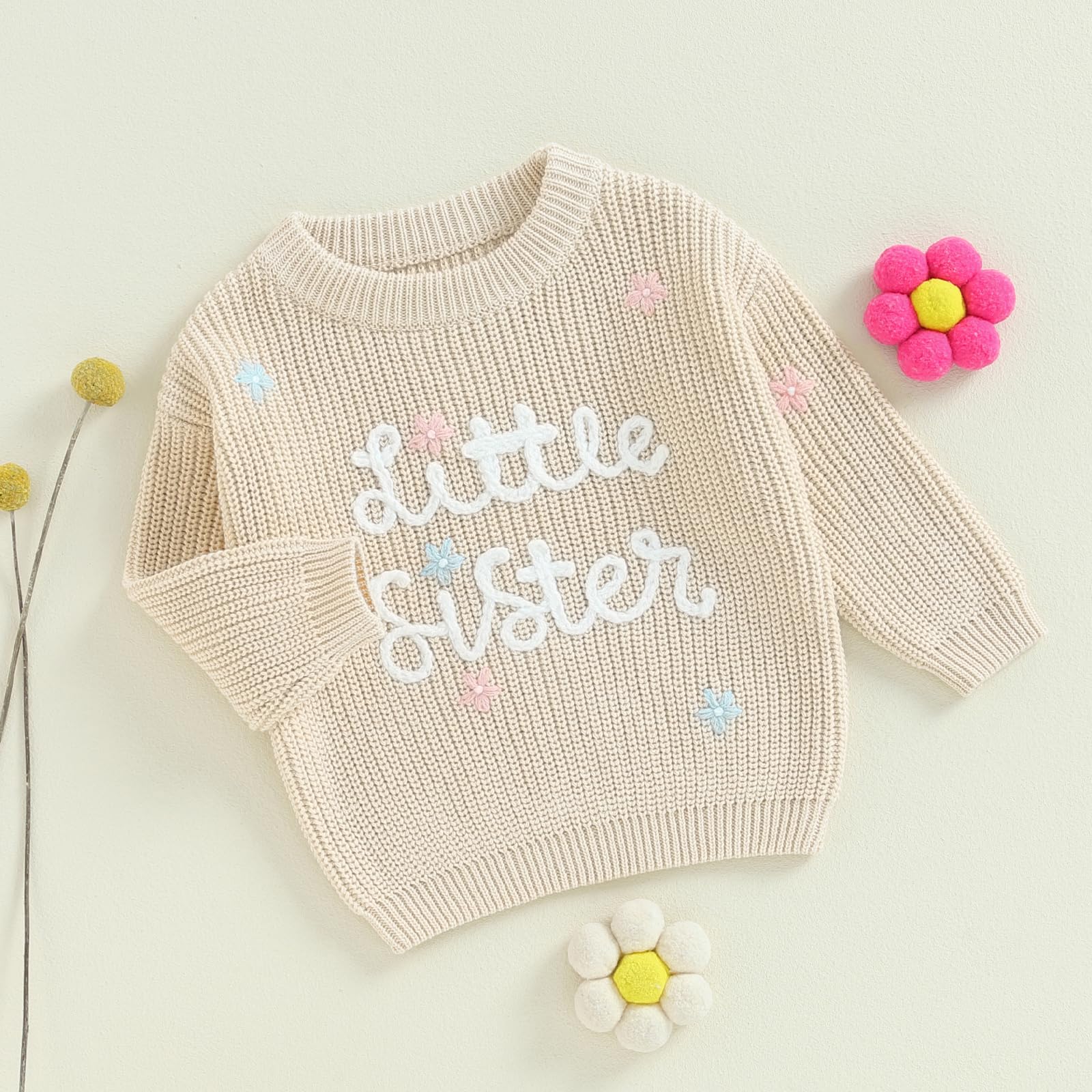 Toddler Baby Girl Boy Long Sleeve Knit Sweater Brothers Sisters Letter Embroidery Round Neck Pullover Fall Winter Tops (Little Sister Floral Beige, 0-3 Months)