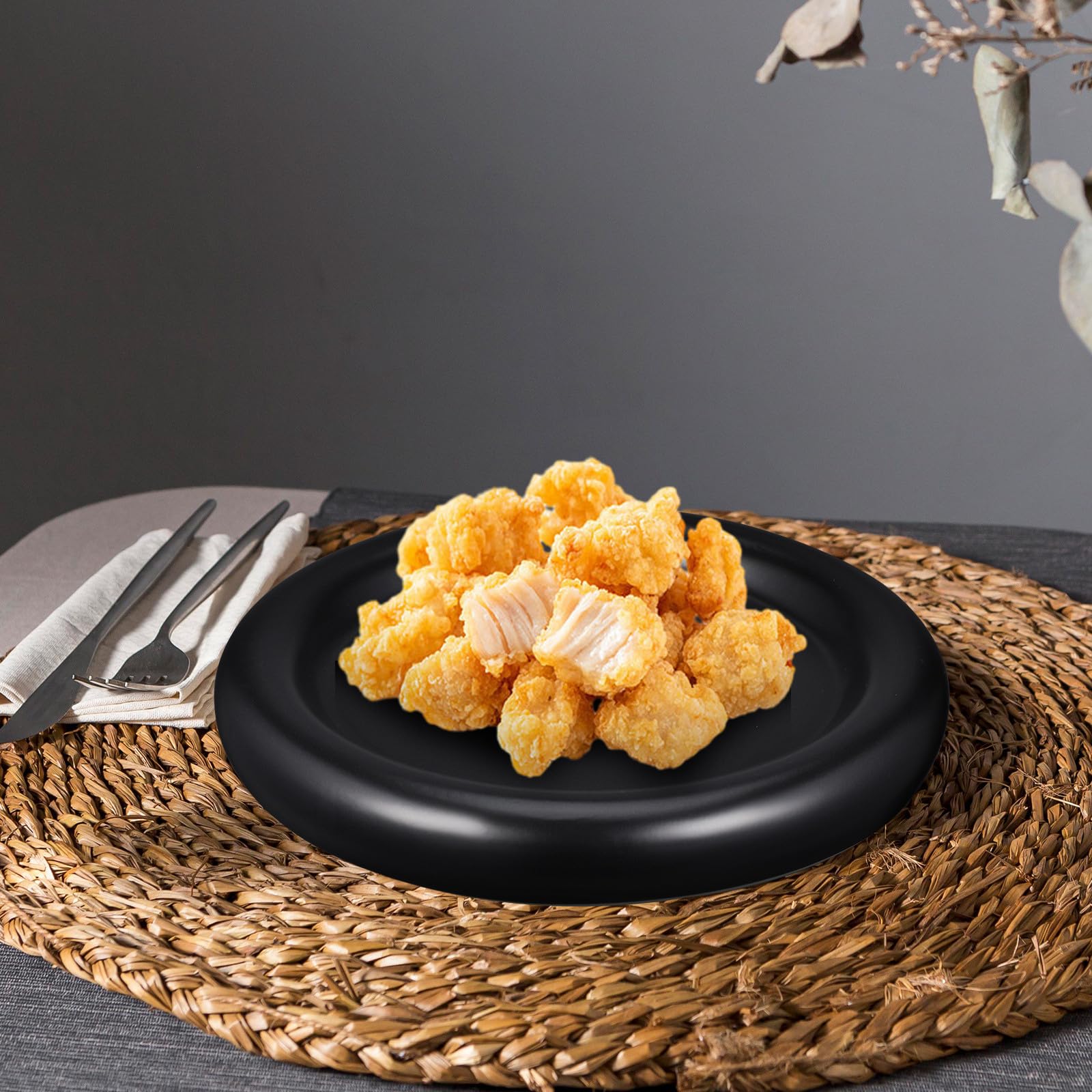 HEMOTON Piatto da Insalata Multiuso e Facile da Pulire Nero Bordo Rialzato in Ceramica per Pranzi Eleganti e Riunioni in Famiglia