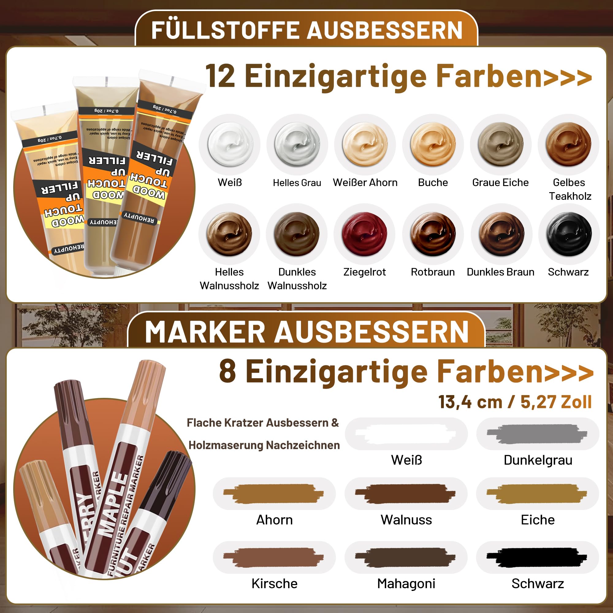Laminat Reparaturset, Parkett Reparaturset Enthält Holzkitt, 12 Farben Holzspachtelmasse, 8 Farben Holzmarker & Holzwachs, Holz Kratzer Ausbessern Reparatur Set von Verfärbungen Kratzer Risse