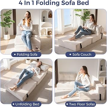 MAXYOYO Folding Sofa Bed, Convertible Sofa Bed with High-Density Support Foam, Portable 4 in 1 Fold Out Chair to Floor Lounger, Versatile Floor Couch for Living Room Bedroom