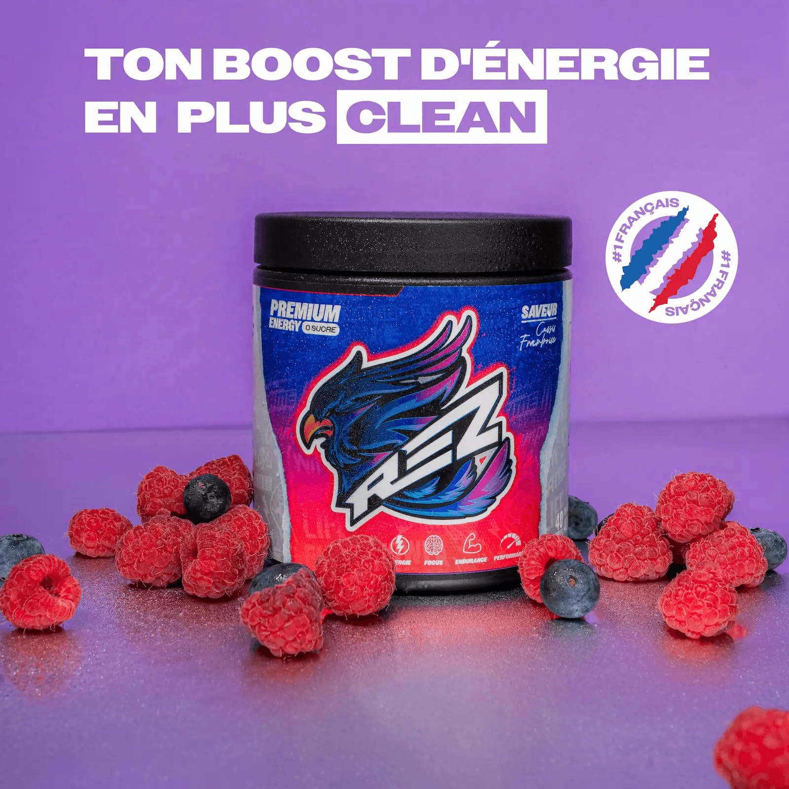 Rez® - Boisson Energisante Poudre Sans Sucre - 40 Doses - Aromes Naturels - 30 Calories - Fabrique en France - 400g - Cassis Framboise