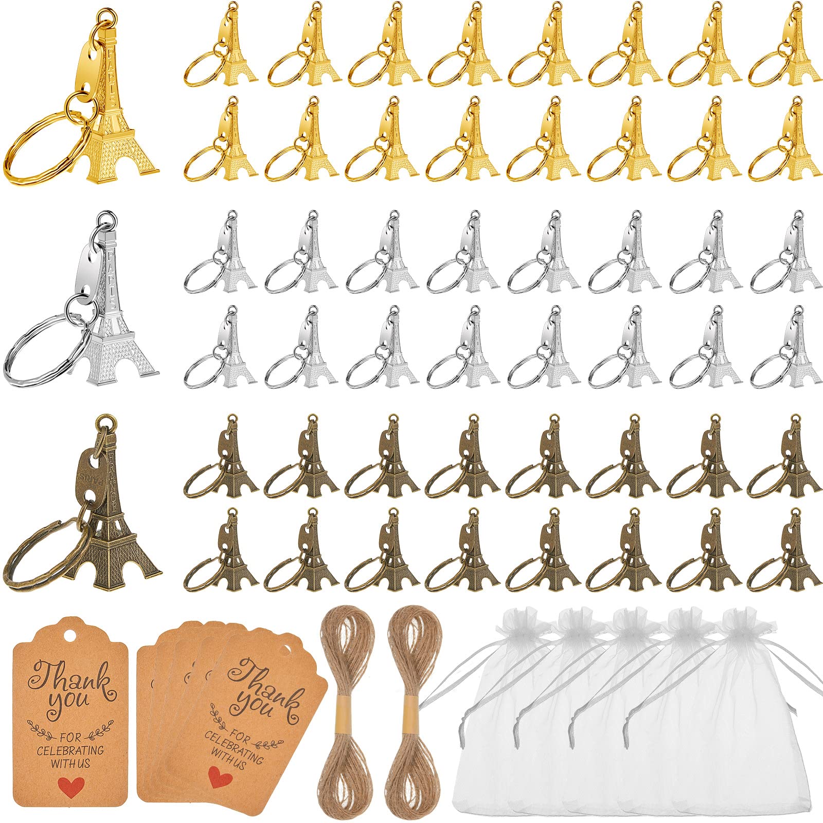 60 Sets Paris Party Favors Eiffel Tower Keychain White Organza Bags Thank You Kraft Tag French Souvenirs Retro Adornment for Paris Themed Party Decorations Bridal Wedding Birthday
