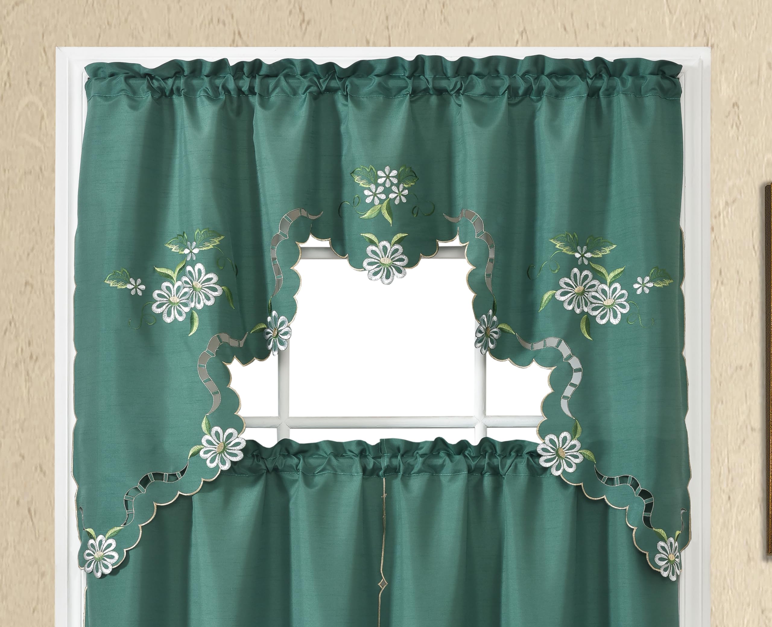 GOHD Cutwork Floral. Kitchen Curtain Set. Swag Valance and Tier Set. Nice Embroidery on Faux Silk Fabric with cutworks. (Teal Green)