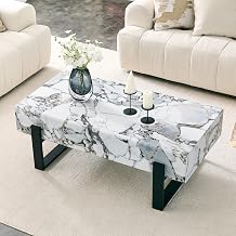 47.24" Rectangle Coffee Table, Wood Coffee Table Center Table with 7.8" Thick Tabletop Metal Legs Rounded Corners for Living Room Office,White Marble