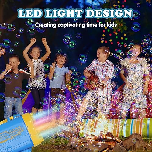 Miniatura 6 de Rotokas Pistola de burbujas para niños, máquina grande de 64 agujeros con luz colorida, dos baterías recargables, seis burbujas de agua, azul