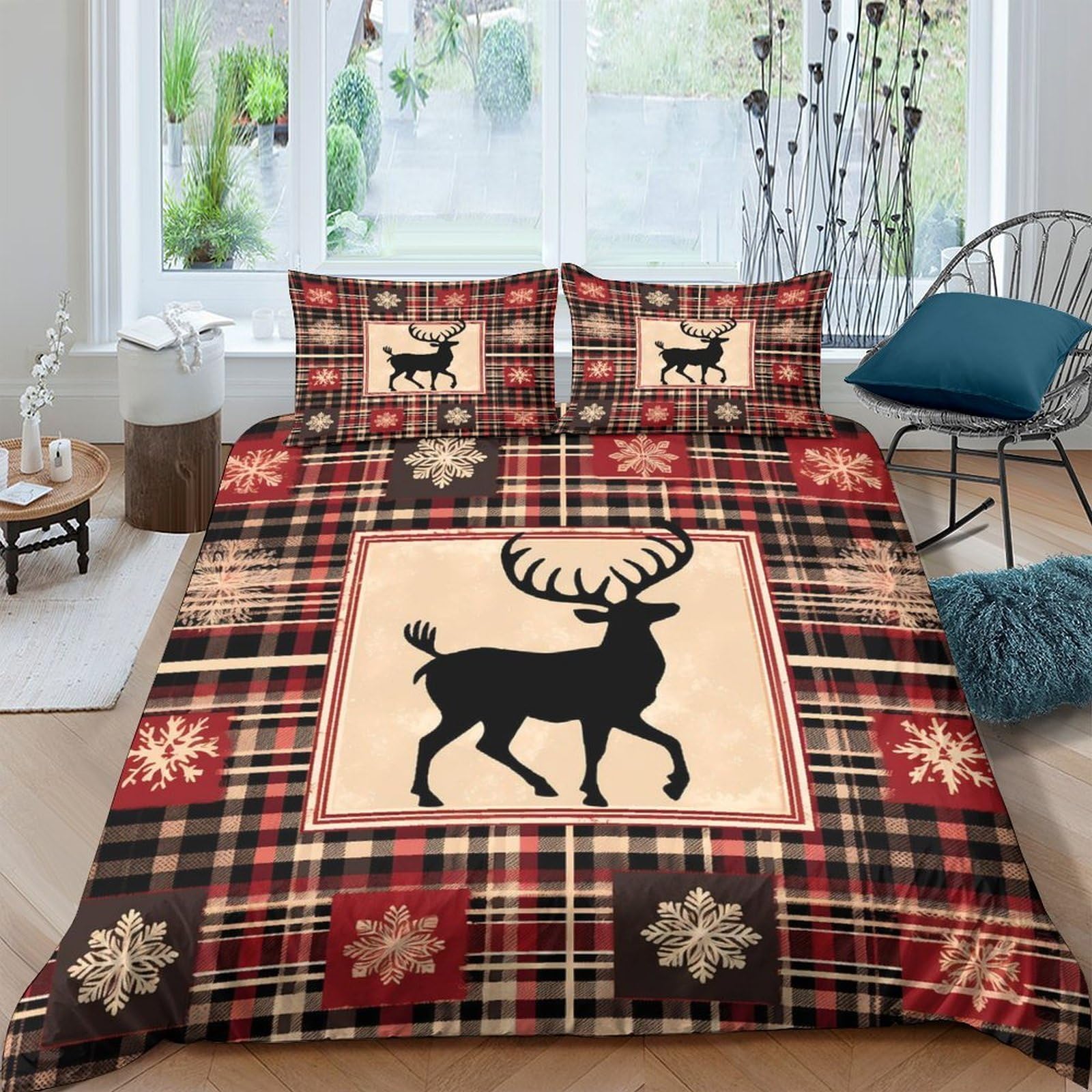Ctjqhvkz Style-10 3D Printed Plaid Reindeer Fitted Sheet Microfiber Soft Warm Snowflake Bed Cover For Bedroom Guest Room Dorm Mattress Protection Single（135X200cm）