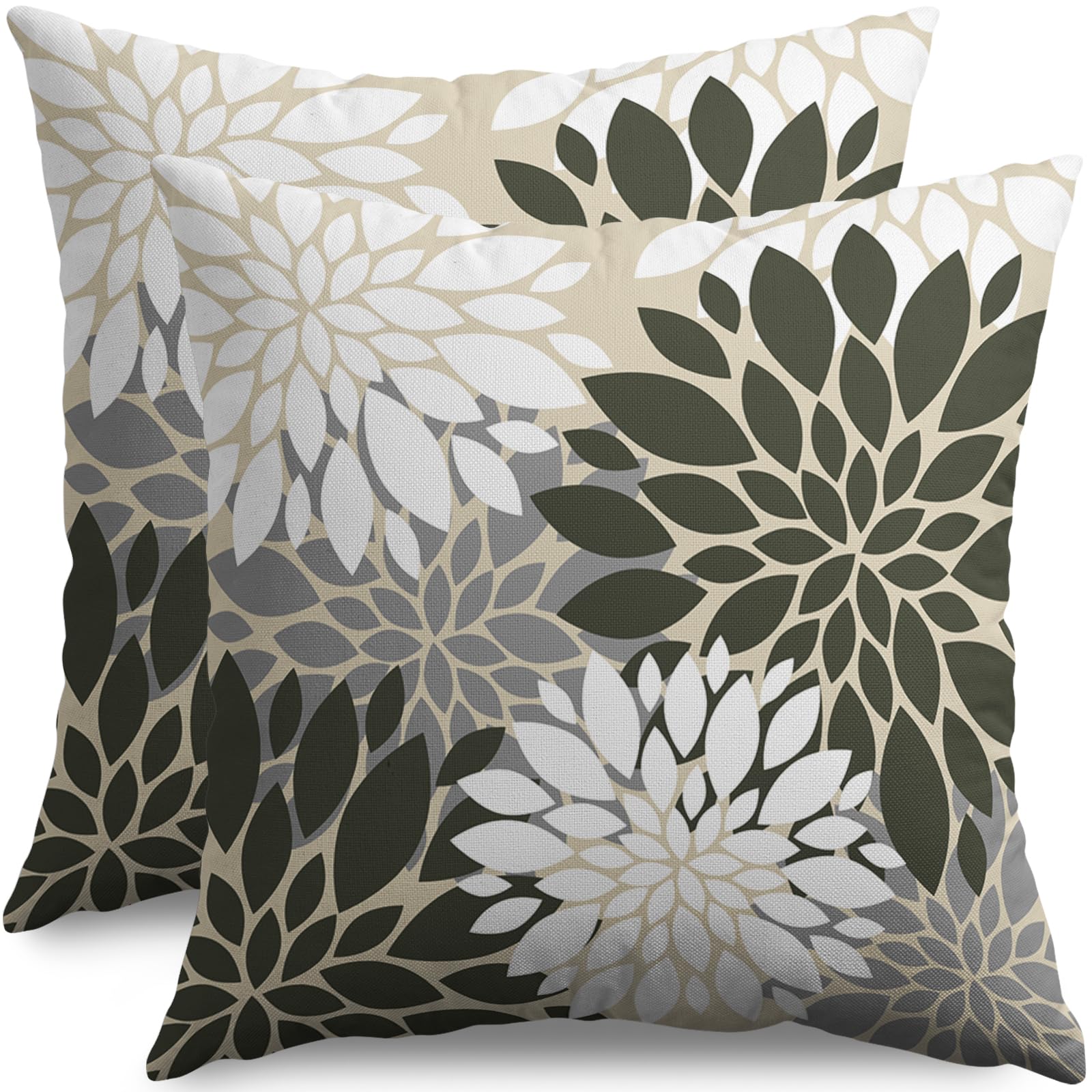 Olive Green White Grey Gray Pillow Covers 20X20 Inch Set of 2, Spring Modern Geometry Dahlia Floral Print Decorative Throw Pillow Covers Outdoor Farmhouse Cushion Case for Couch Sofa Bed Decor