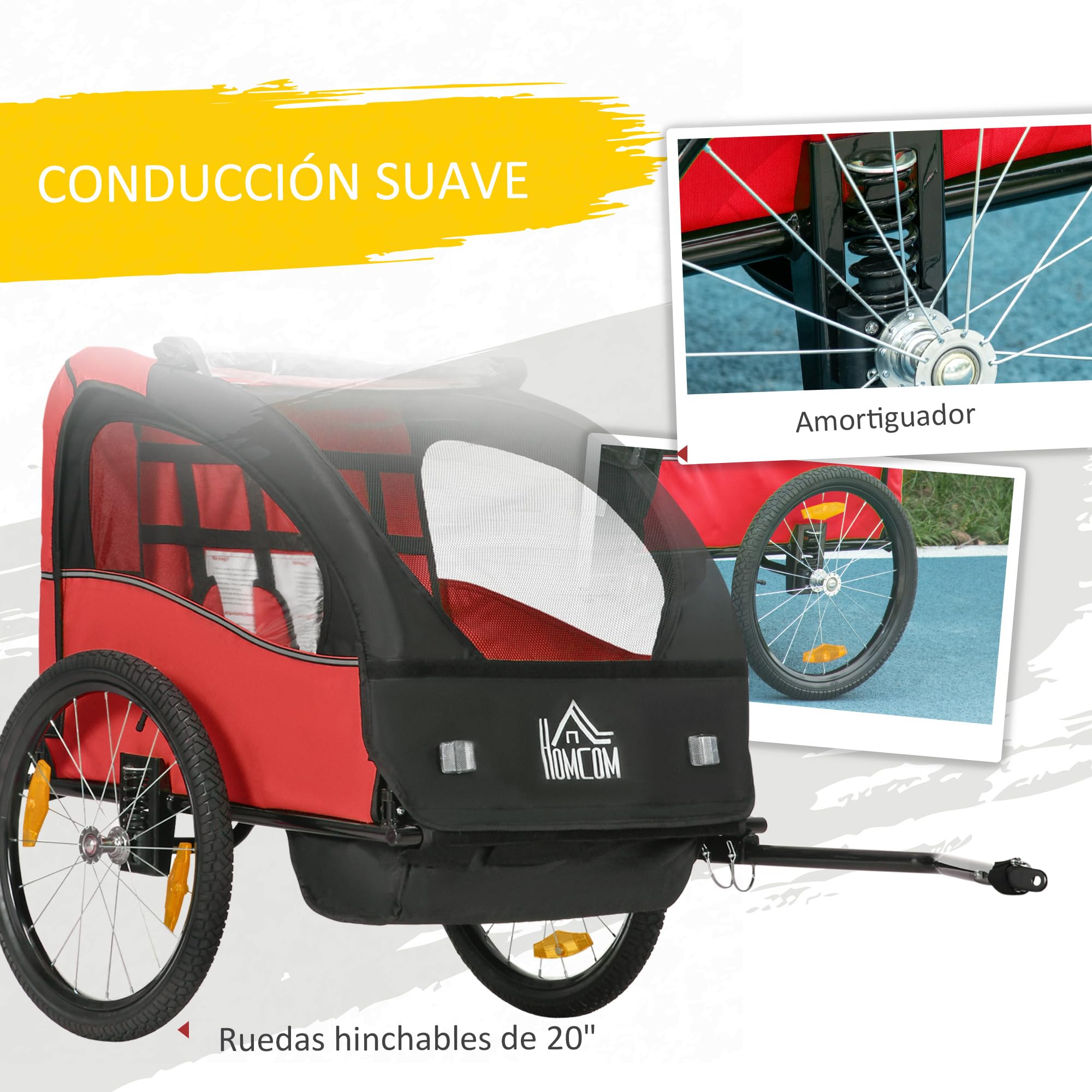 HOMCOM Remolque de Bicicleta para Niños +18 Meses Cochecito para Transporte de 2 Plazas con Cinturón de Seguridad Espacio de Almacenamiento y Sistema de Amortiguador 140x88x90 cm