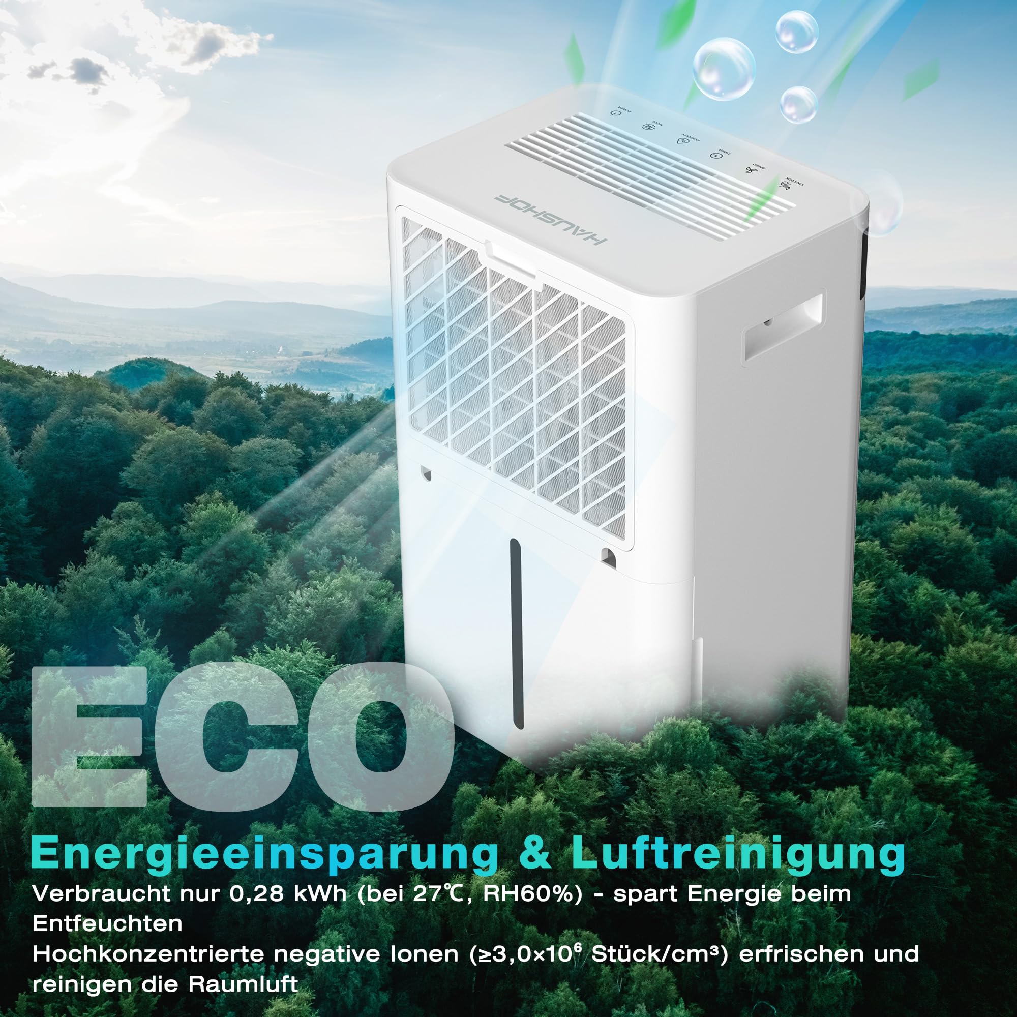 HAUSHOF Luftentfeuchter Elektrisch 20L/Tag, 41dB Leiser Entfeuchter Elektrisch mit Negativ-Ionen für 30m² Raum mit 4,5 L Tank und LED Anzeige, 3 Modi Tragbarer Raumentfeuchter für Schlafzimmer, Keller