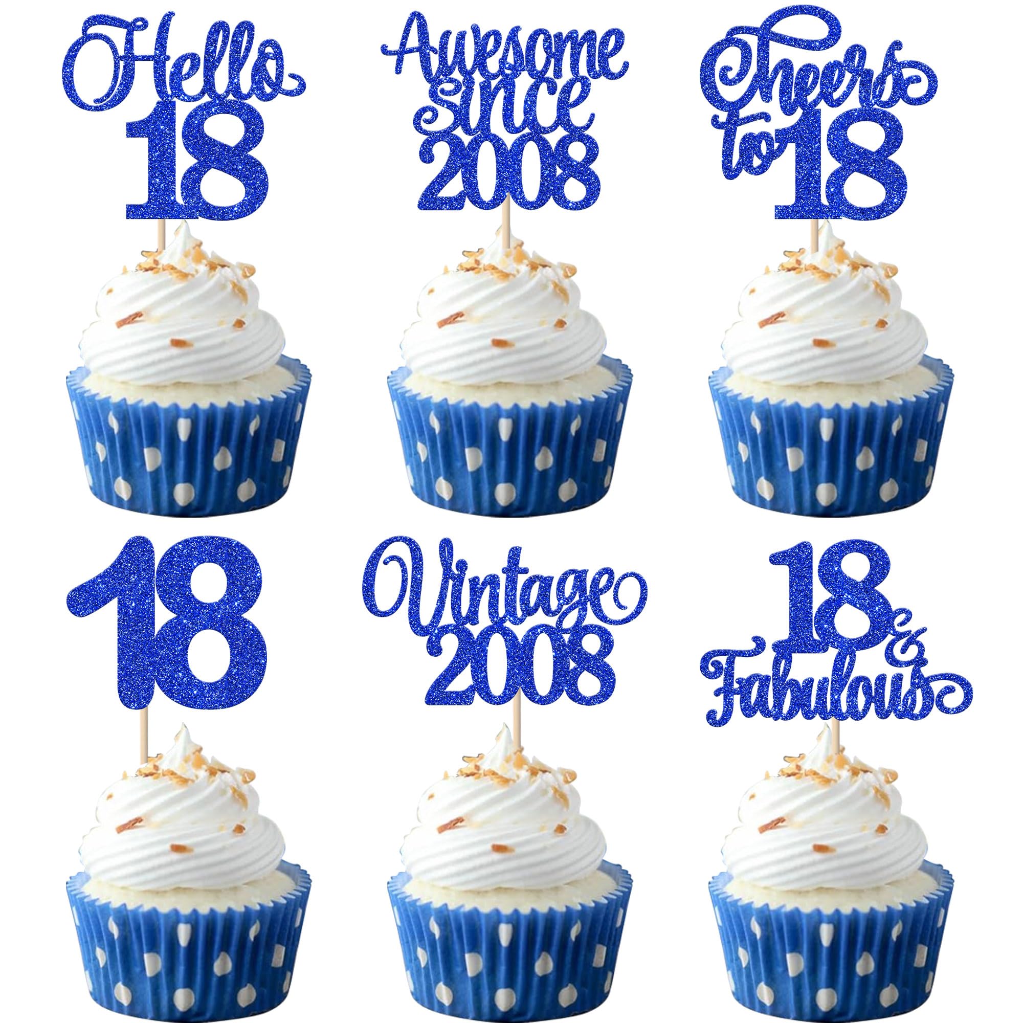 Xsstarmi 24 Pack Vintage 2008 Cupcake Toppers Glitter Blue Hello 18 Fabulous Eighteen Cupcake Picks Cheers to 18 Years Cake Decorations for Happy 18th Birthday Anniversary Party Supplies