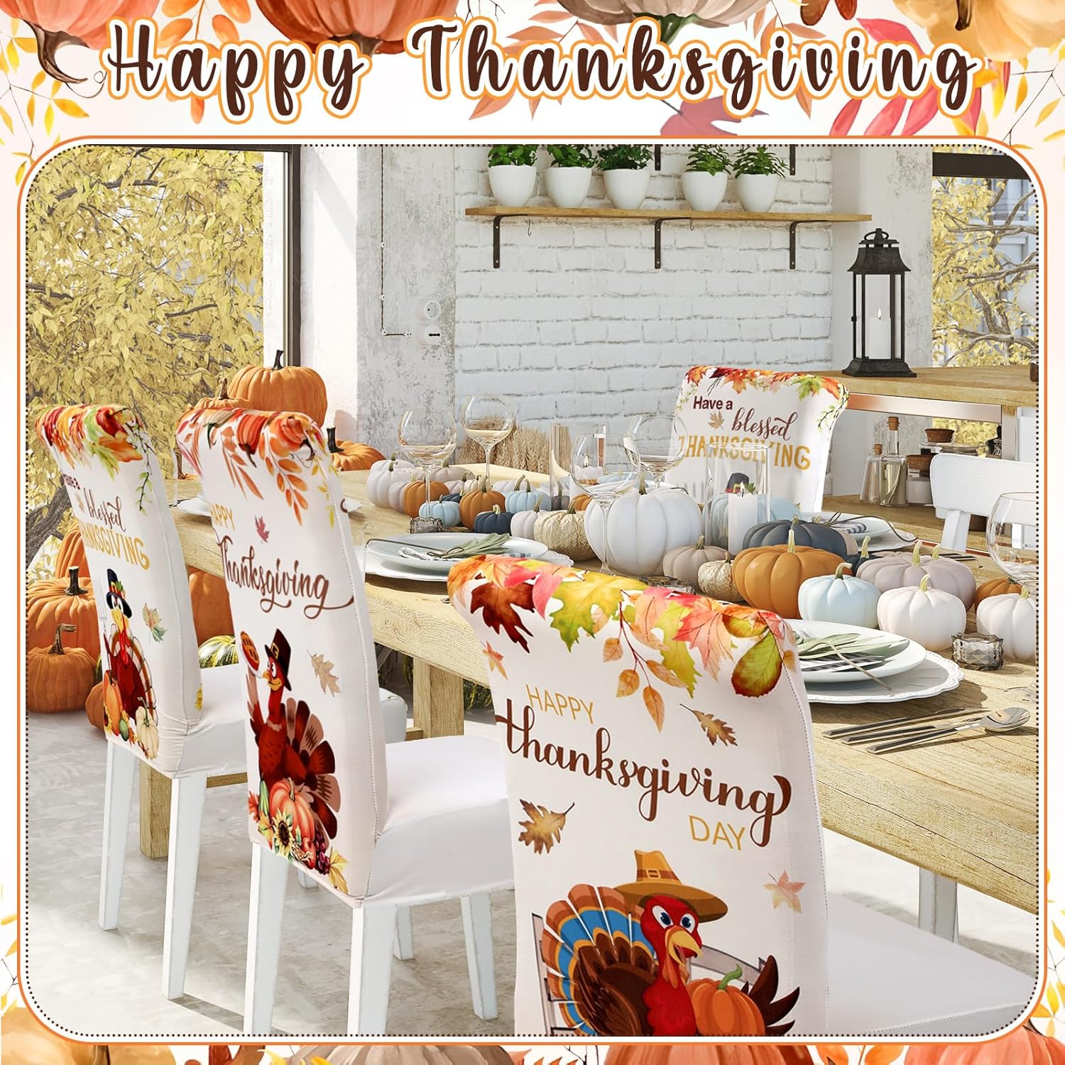 6 Pcs Thanksgiving Maple Chair Covers Fall Vintage Dining Chair Slipcovers Thanksgiving Seat Covers Autumn Pumpkin Turkey Stretch Removable Washable Dining Protector for Party Kitchen Farmhouse