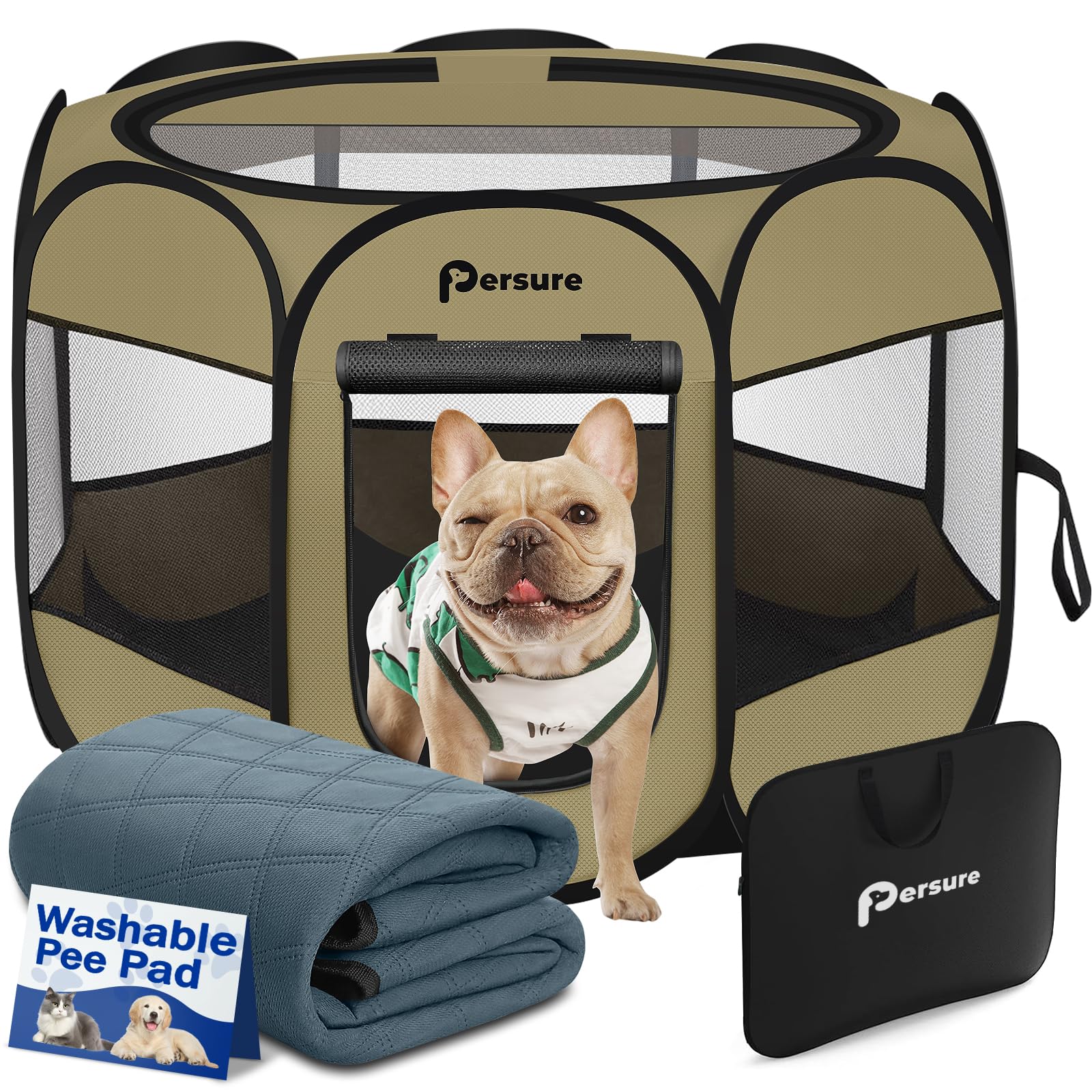 Persure Dog Cat Pet Playpen Puppy Crate Cage for Indoor Outdoor Travel | Nursing Rest Zone Recovering Pet Quarantine Room Portable Pop Up Easy to Set up lightweight Bag(Khaki with Pad, Medium)