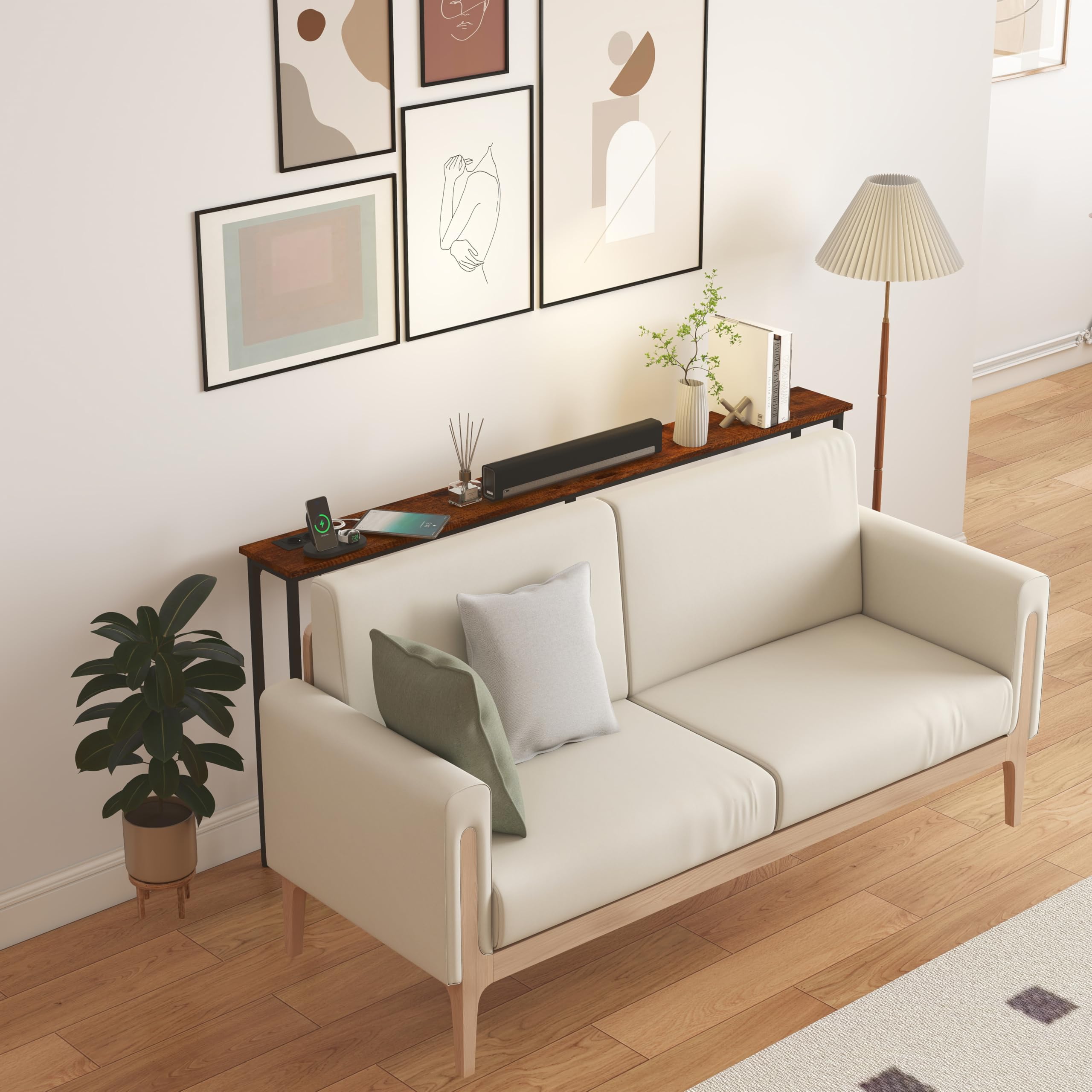 1 Pezzo Tavolo Consolle per Ingresso Larghezza 180 cm con Presa di Corrente, Profondità 20 cm Tavolino Laterale per Corridoio/Ingresso/Veranda/Balcone/Soggiorno, Marrone e Nero/180x20x80 cm