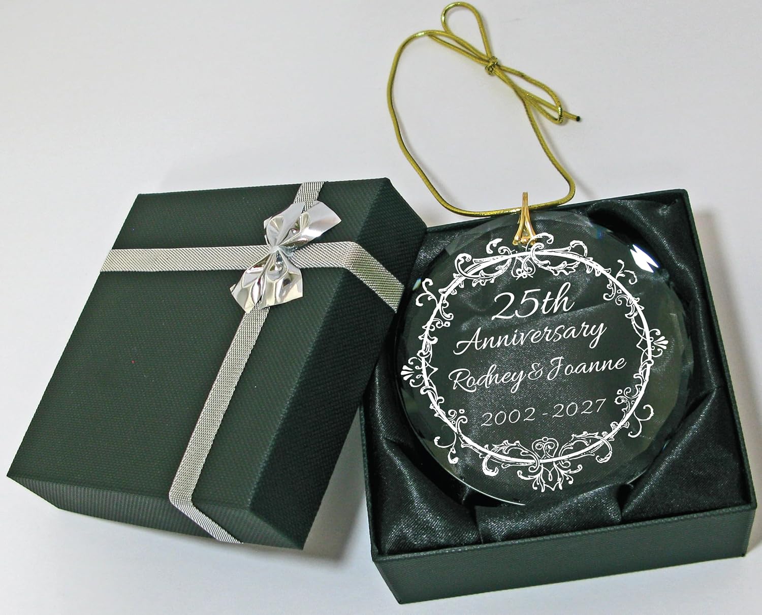 Silver 25th Wedding Anniversary Date Keepsake Vintage Wreath Christmas Ornament - Personalized with Couples Names and Special Date Any Anniversary - Circle