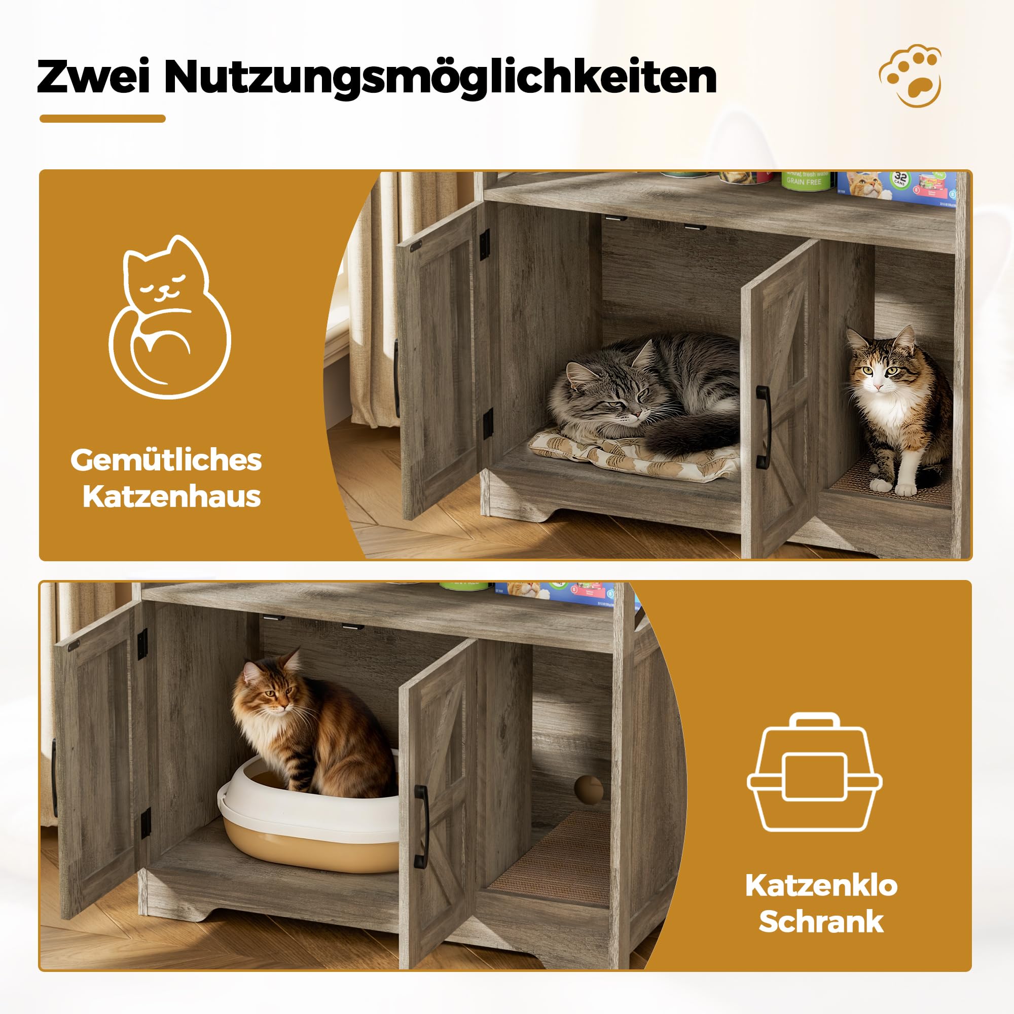BonVache Katzenklo Schrank, Katzenhaus Holz, Katzenschrank mit Tür, Versteckte Katzentoilette mit Kratzmatte für Katzen, Beistelltisch, 79 x 43 x 72.5 cm, Grau