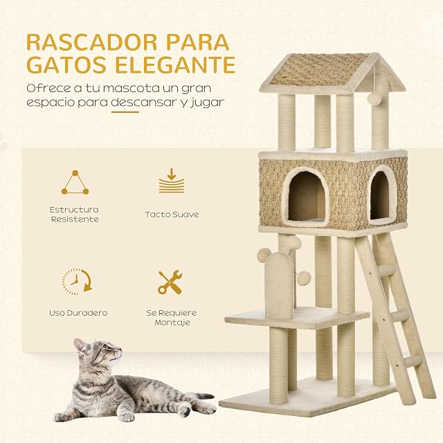Foto 3 de 8 de PawHut Árbol Rascador para Gatos Grande Altura 131 cm con Cueva de Algas Postes de Sisal Natural Plataformas…