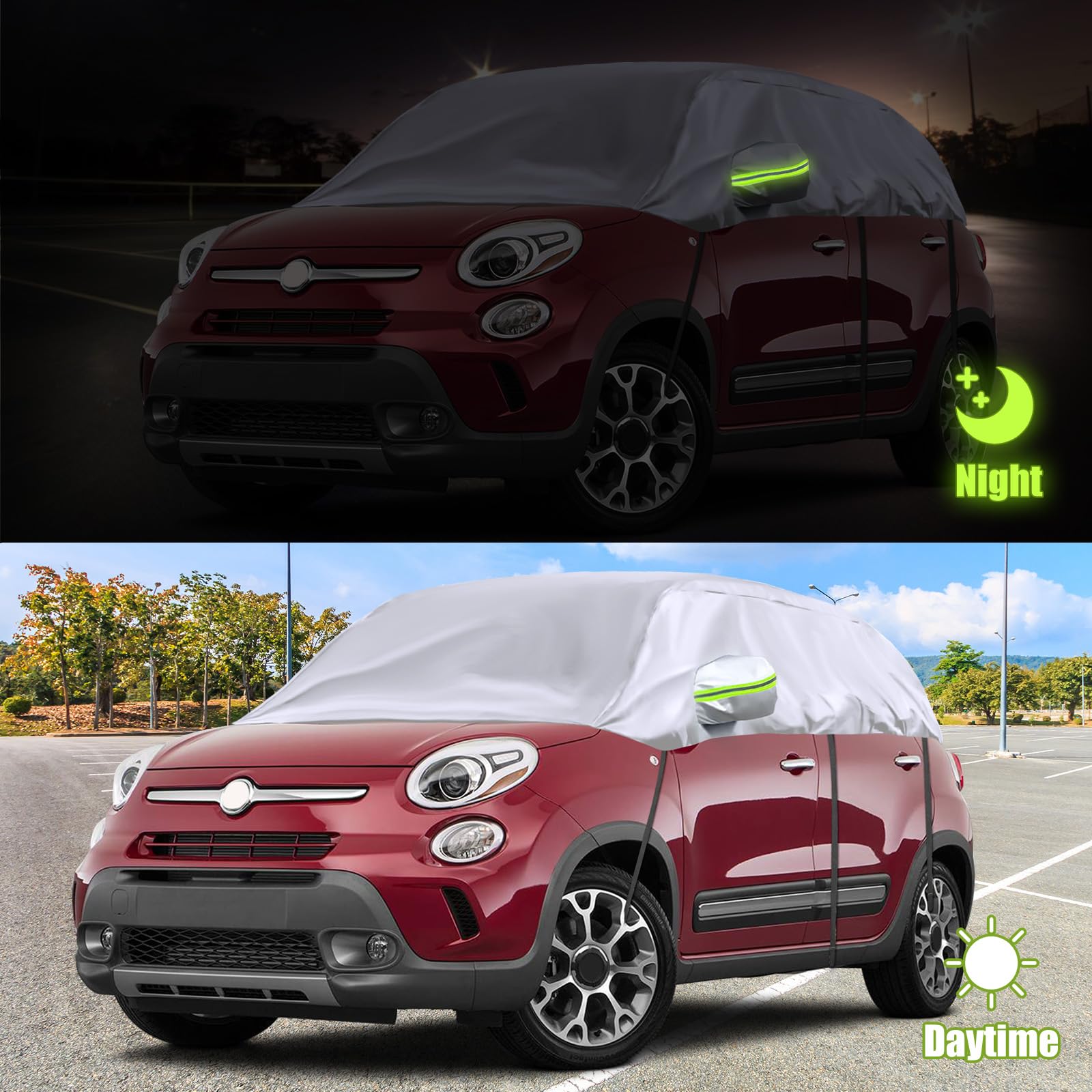 Housse Bache Voiture pour 2007-2023 Fiat 500 | Demi Bache Voiture Exterieur avec Crochets Ajustables et Bouchons d'oreilles