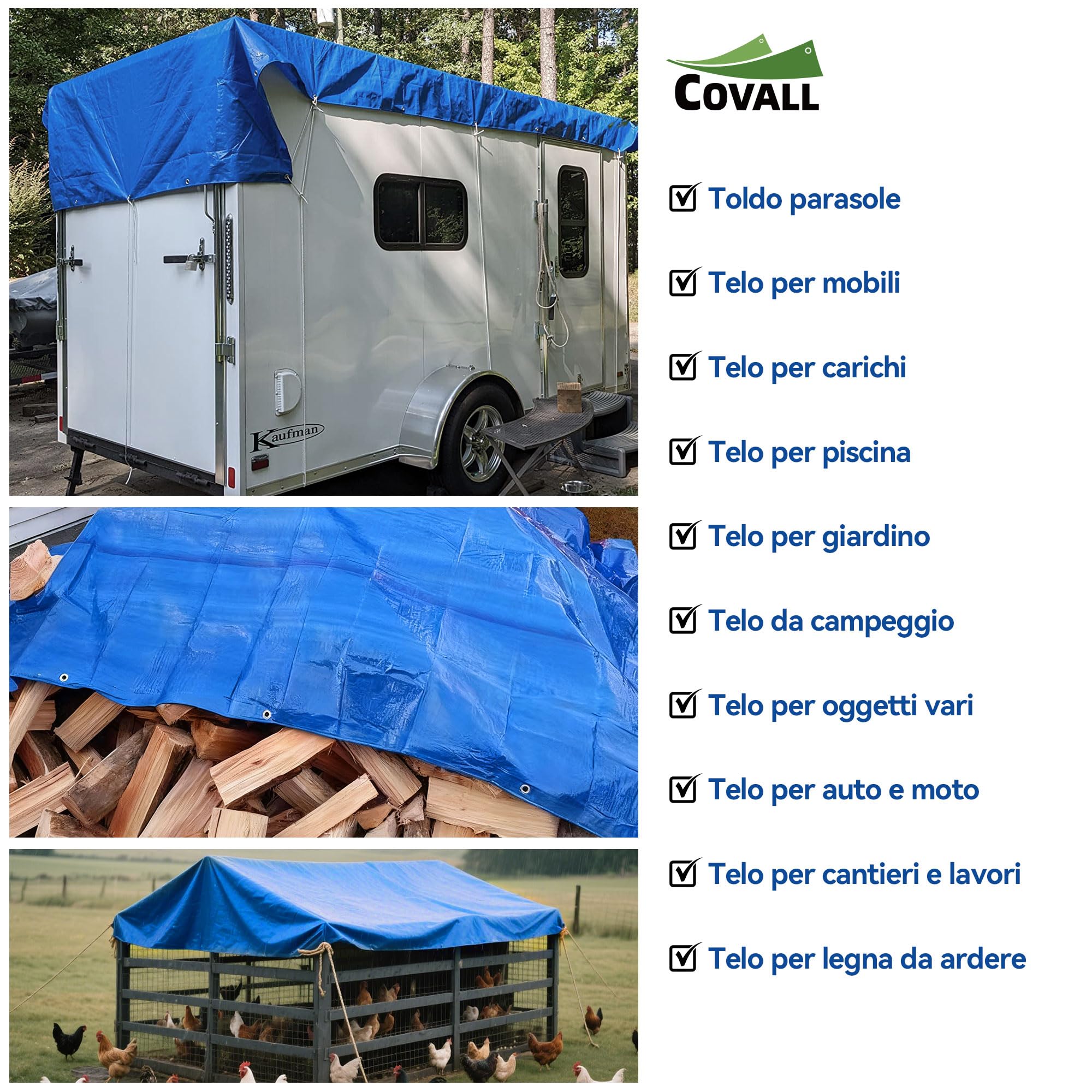 Telone Blu 2.4x3 m 115 g/m², Impermeabile Antistrappo per Carichi Pesanti, con Occhielli, per Campeggio, Giardino, Copertura Tetto e Magazzino