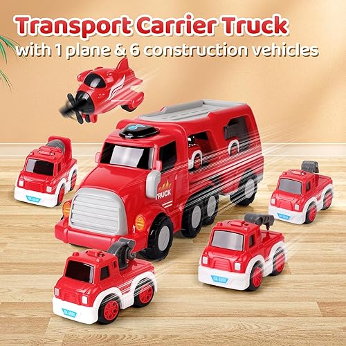 Miniatura 7 de Camión de bomberos de juguete para niños de 3, 4, 5, 6, 7 años, 8 en 1, vehículo portador de automóviles de bomberos para niños de 3 a 5 años, coche