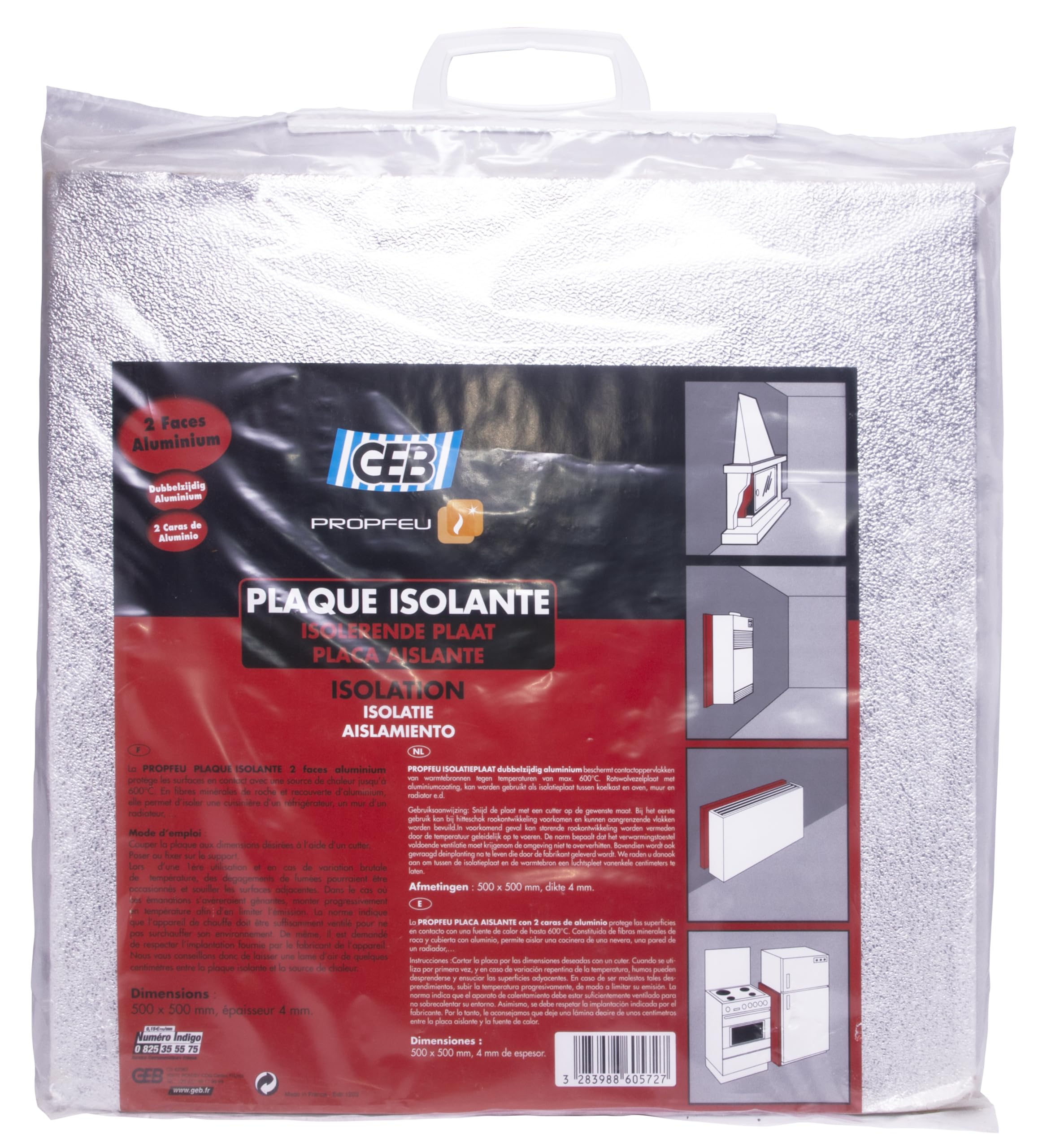 GEB Plaque isolante 2 faces aluminium Plaque isolante 2 faces aluminium pour isolation thermique et protection au feu - 600°C - 4mm épaisseur - 500x500 mm