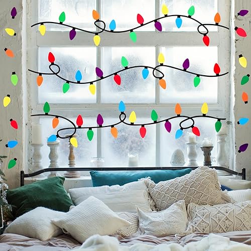Miniatura 5 de Cholemy 4 hojas de calcomanías de pared de Navidad, calcomanías de bombilla de Navidad, calcomanías de bombillas de colores, suministros de fiesta,