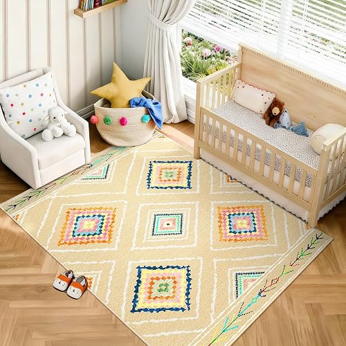 6'x9'Washable Area Rug for Living Room Bedroom Cream/Beige | Soft Western No Slip Low Pile Print Foldable Indoor for Kitchen Dining Room