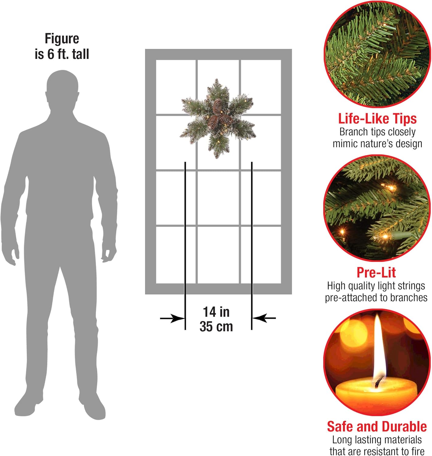 National Tree Company Pre-Lit Artificial Christmas Star Wreath, Green, Glittery Bristle Pine, White Lights, Decorated with Pine Cones, Frosted Branches, Christmas Collection, 14 Inches