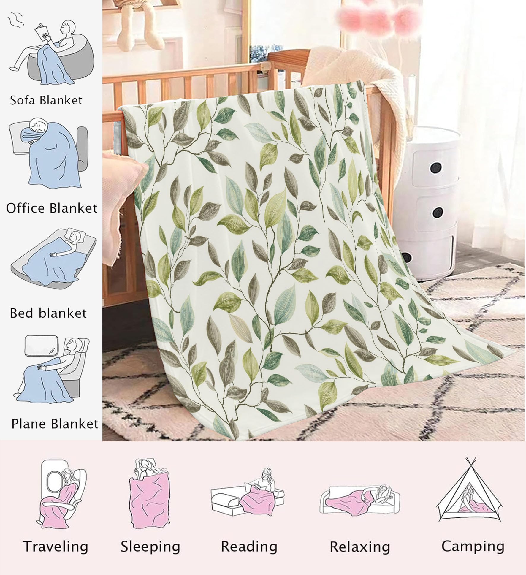 Manta Verde Claro - Manta con Estampado Hojas Y Ramas De Eucalipto Acogedora, Mantas Plantas Naturales Y Elegantes Franela Ligera Suave, para niñas niños Adultos Cama sofá 180x200 cm