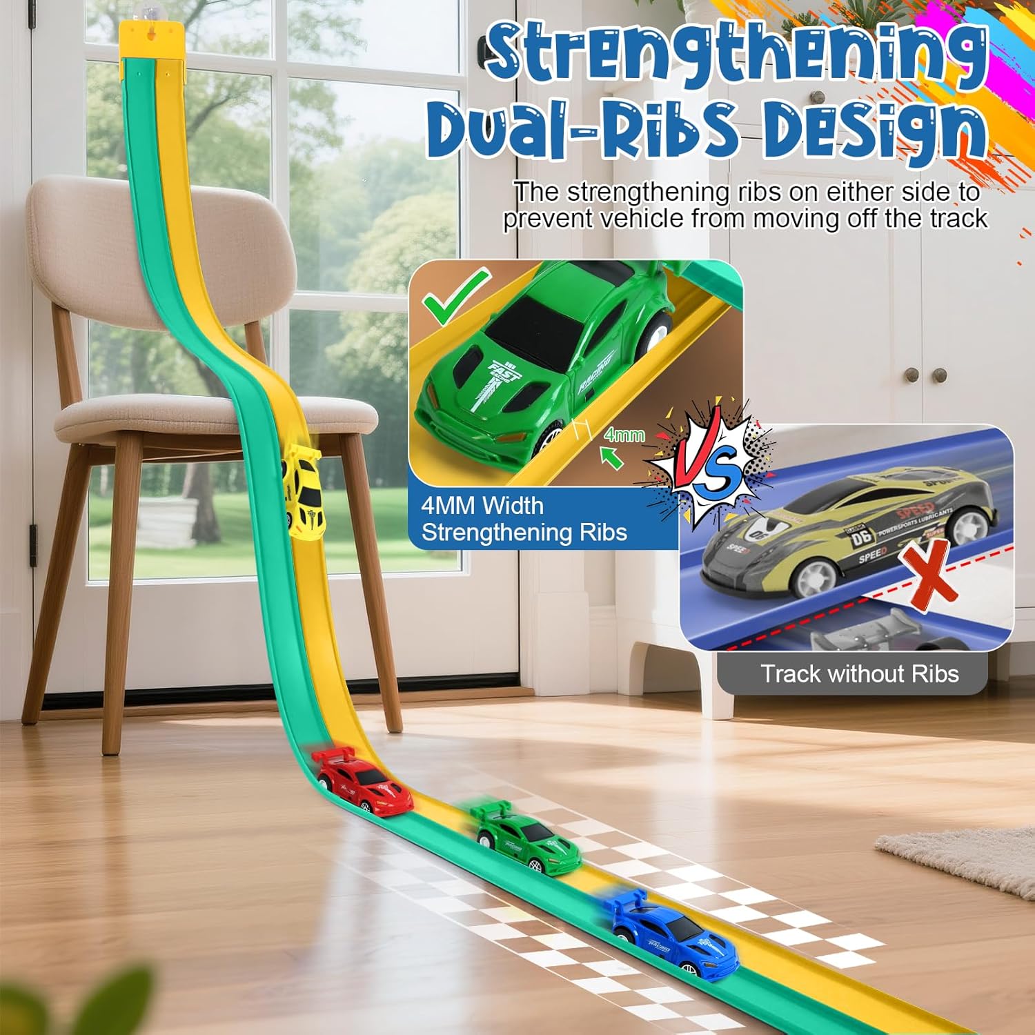 Flexible Race Car Track for Kids, Flex Track with 4 Small Pull Back Race Cars,Rolls Up Portable Racetrack for Ages 3+, Compatible with H*t Wheels and DIEC*st 1/64th Cars (15FT Green-Yellow)