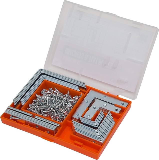 Brackit 180 Piece Angle Brackets and Flat Plate Assortment Including Screws  Heavy Duty Zinc Plated Steel  for Bracing, Reinforcing Or Repairing Wood Furniture