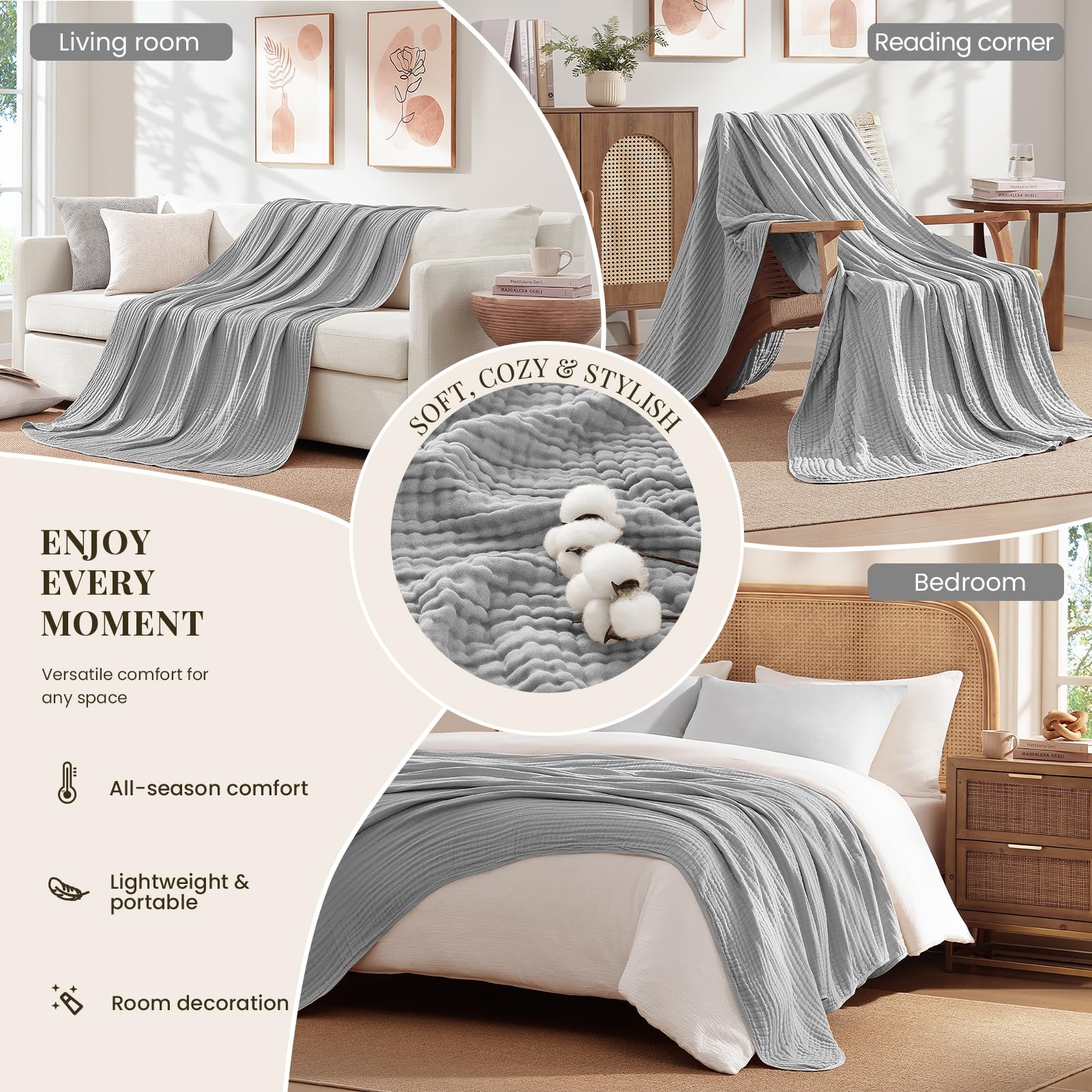 Topfinel Musselin Decke 150x200 cm 100% Baumwolle Kuscheldecke Grau