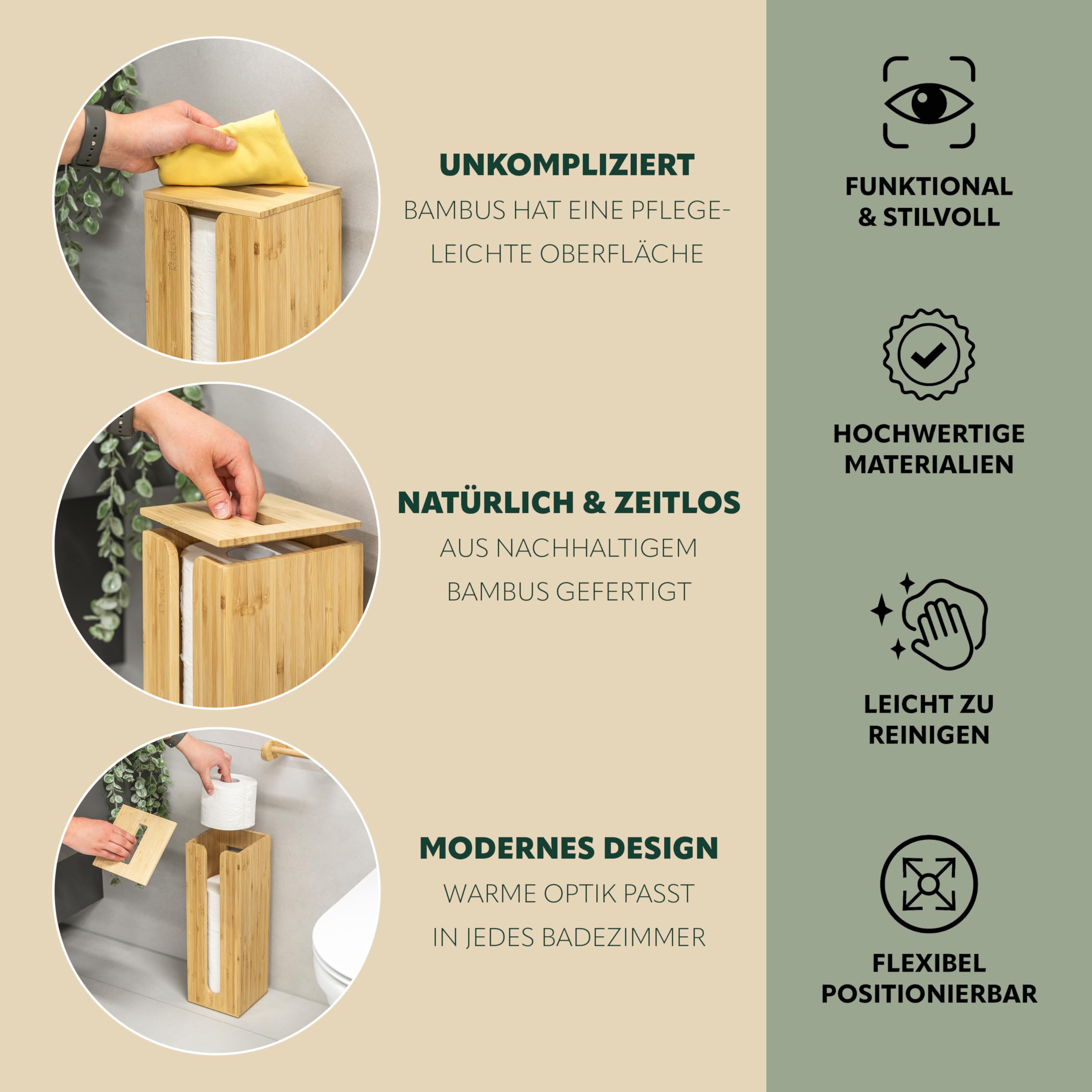 eluno Toilet Paper Holder for 4 Bamboo Replacement Rolls in Natural Design, Freestanding Roll Holder with Lid and Shelf, Refillable Toilet Roll Holder, Square